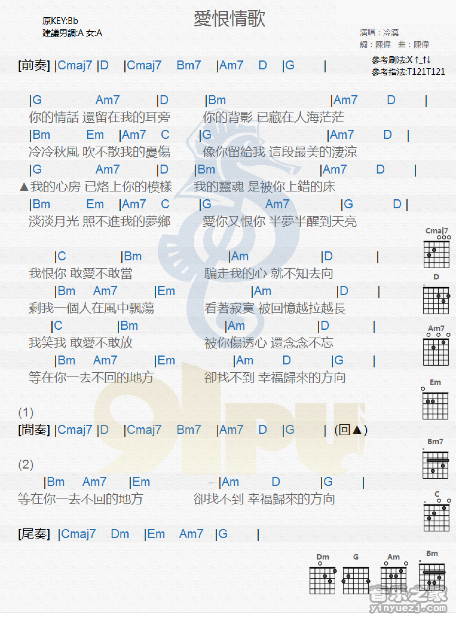 冷漠《爱恨情歌》吉他谱_吉他弹唱谱_和弦谱第1张