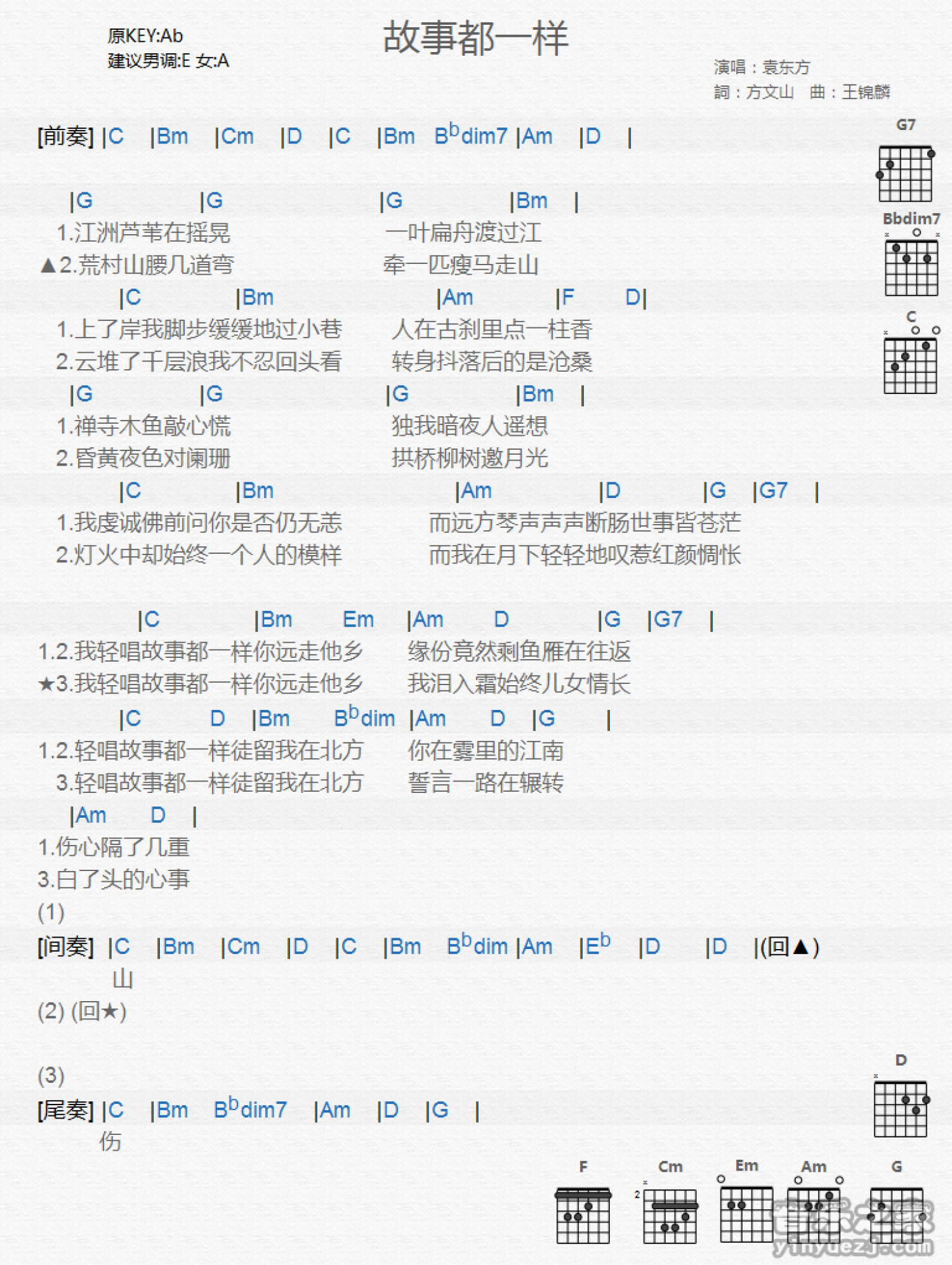 袁东方《故事都一样》吉他谱_吉他弹唱谱_和弦谱第1张