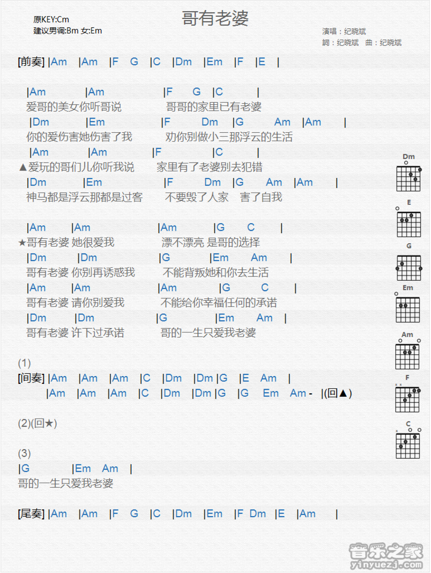 纪晓斌《哥有老婆》吉他谱_C调吉他弹唱谱_和弦谱第1张