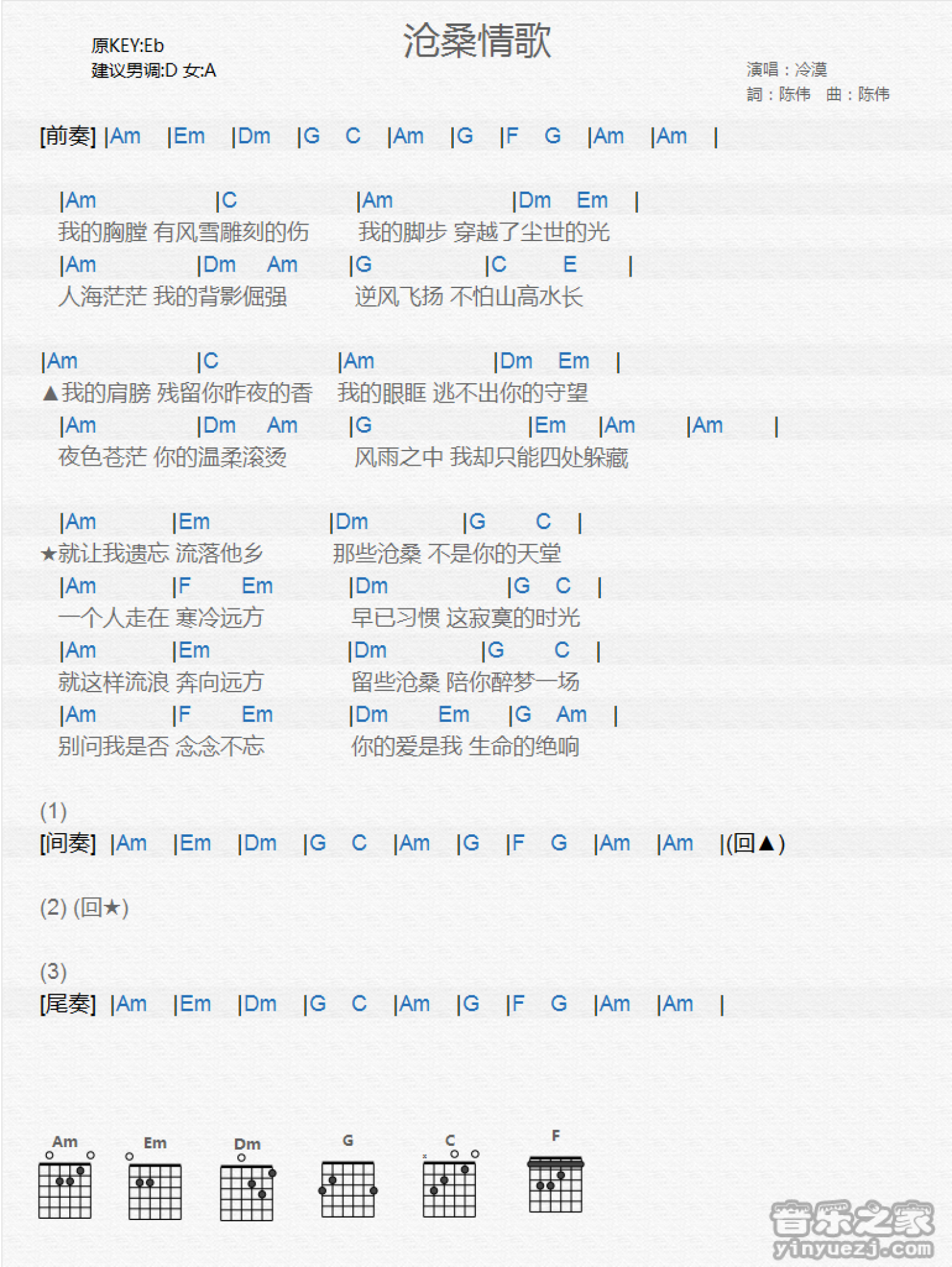 冷漠《沧桑情歌》吉他谱_吉他弹唱谱_和弦谱第1张