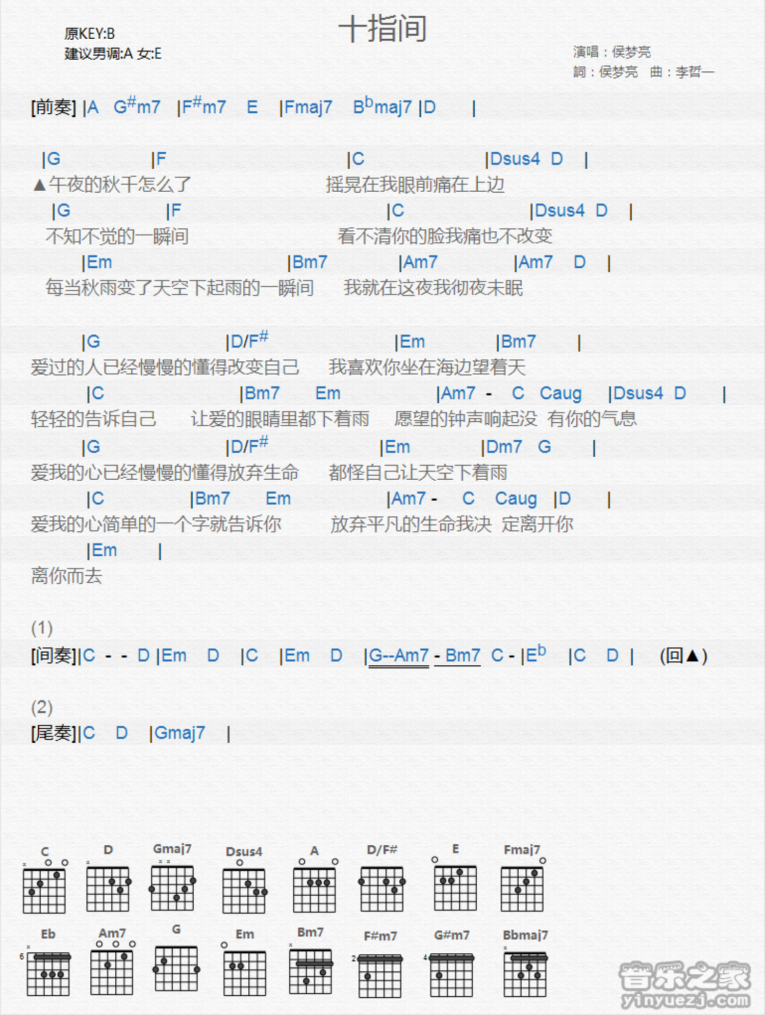 侯梦亮《十指间》吉他谱_B调吉他弹唱谱_和弦谱第1张