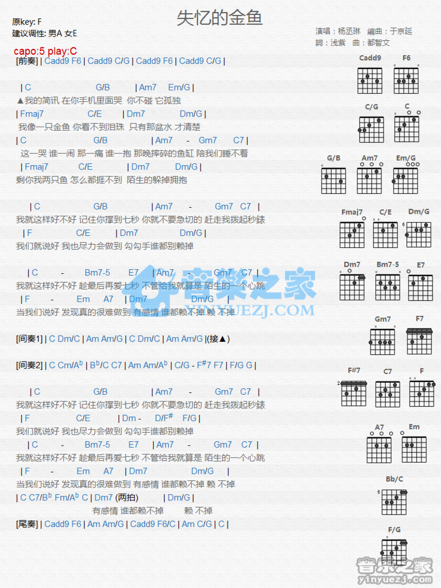 杨丞琳《失忆的金鱼》吉他谱_C调吉他弹唱谱_和弦谱第1张