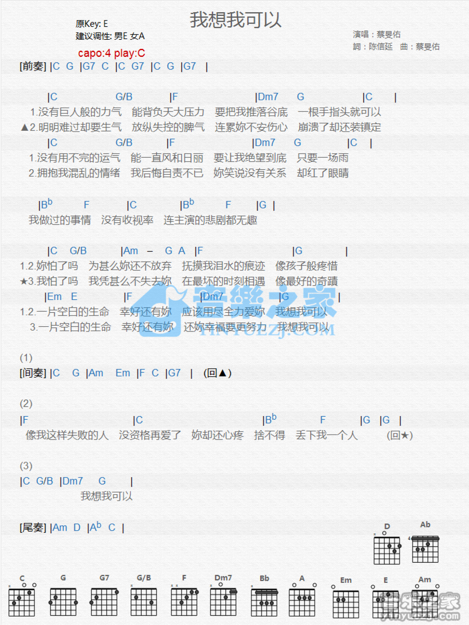 蔡旻佑《我想我可以》吉他谱_C调吉他弹唱谱_和弦谱第1张