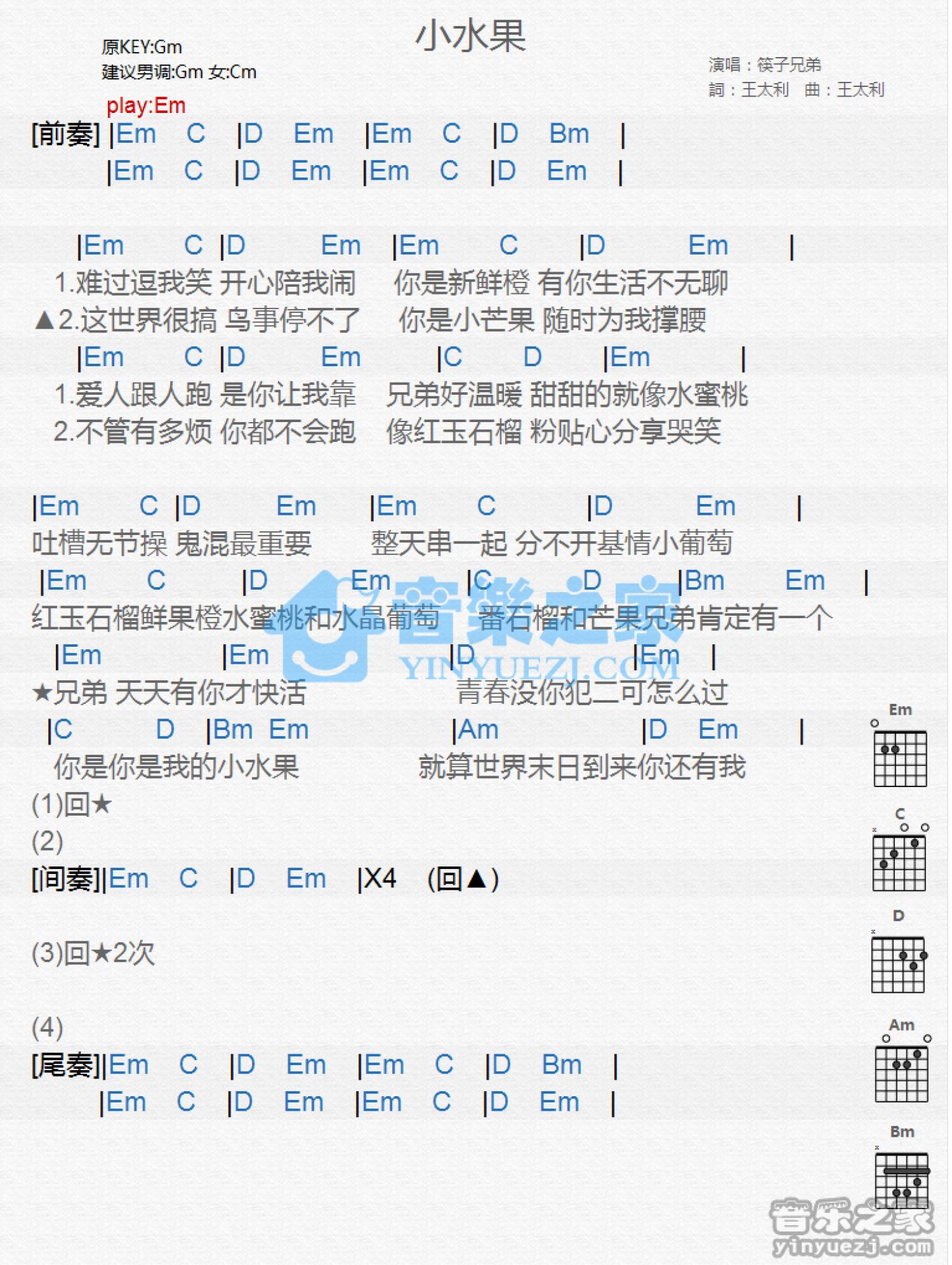 筷子兄弟《小水果》吉他谱_G调吉他弹唱谱_和弦谱第1张