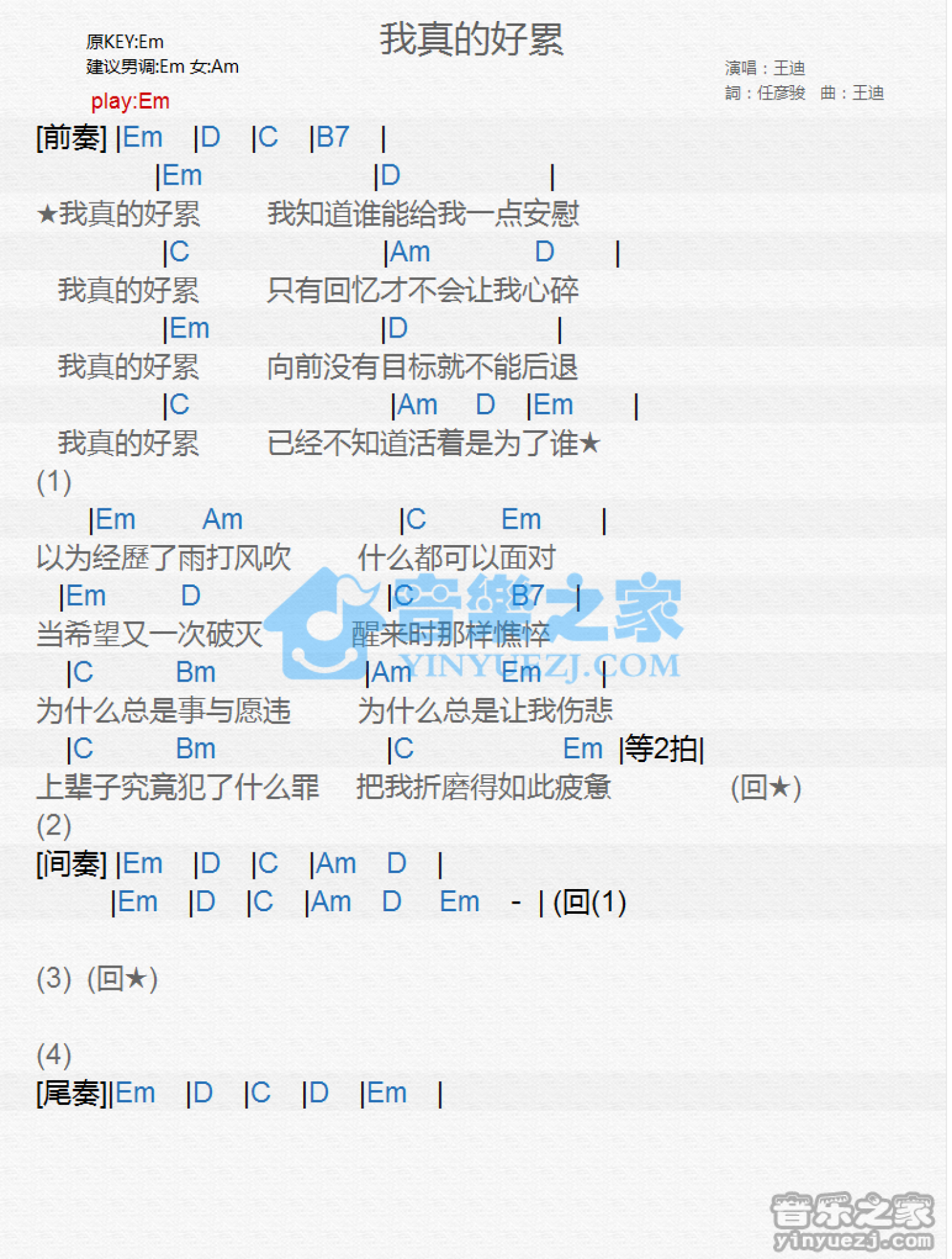 王迪《我真的好累》吉他谱_E调吉他弹唱谱_和弦谱第1张
