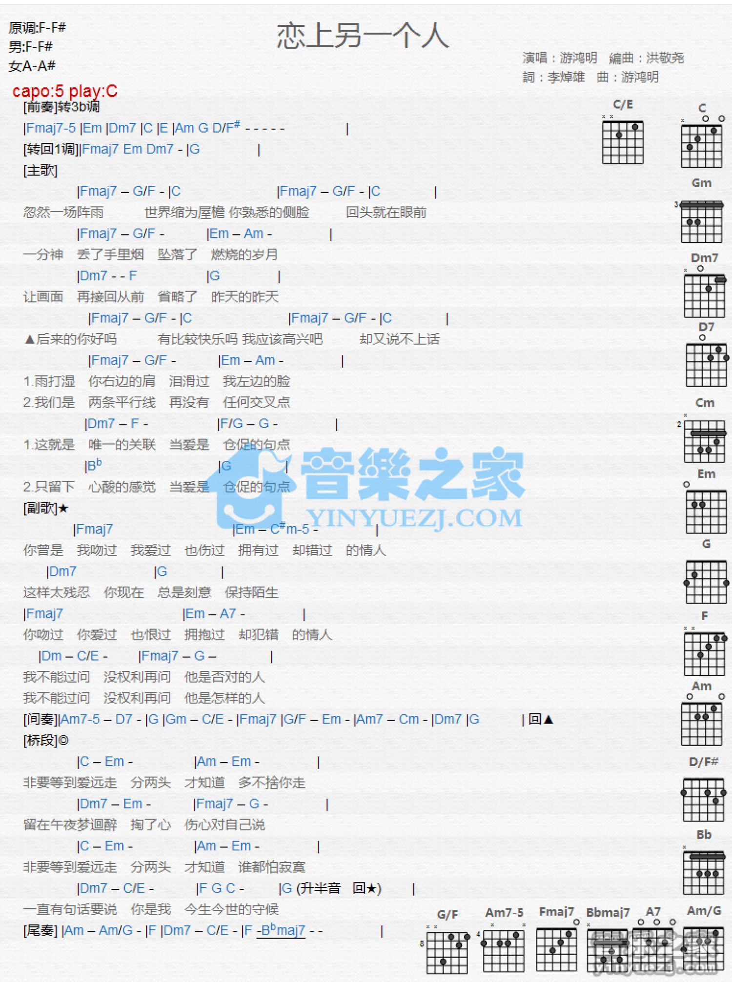 游鸿明《恋上另一个人》吉他谱_C调吉他弹唱谱_和弦谱第1张