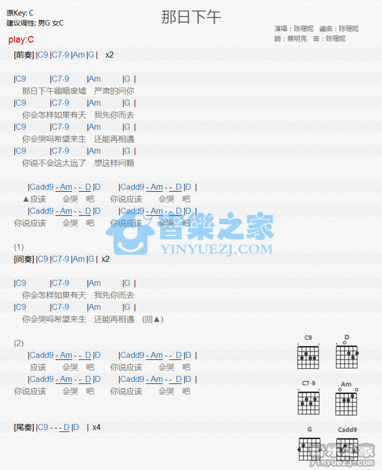 陈珊妮《那日下午》吉他谱_C调吉他弹唱谱_和弦谱第1张