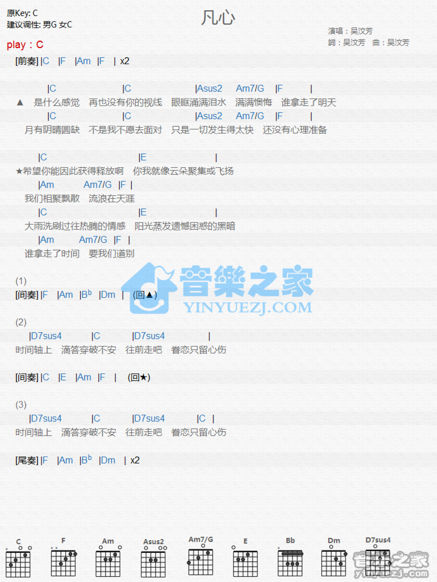 吴汶芳《凡心》吉他谱_C调吉他弹唱谱_和弦谱第1张
