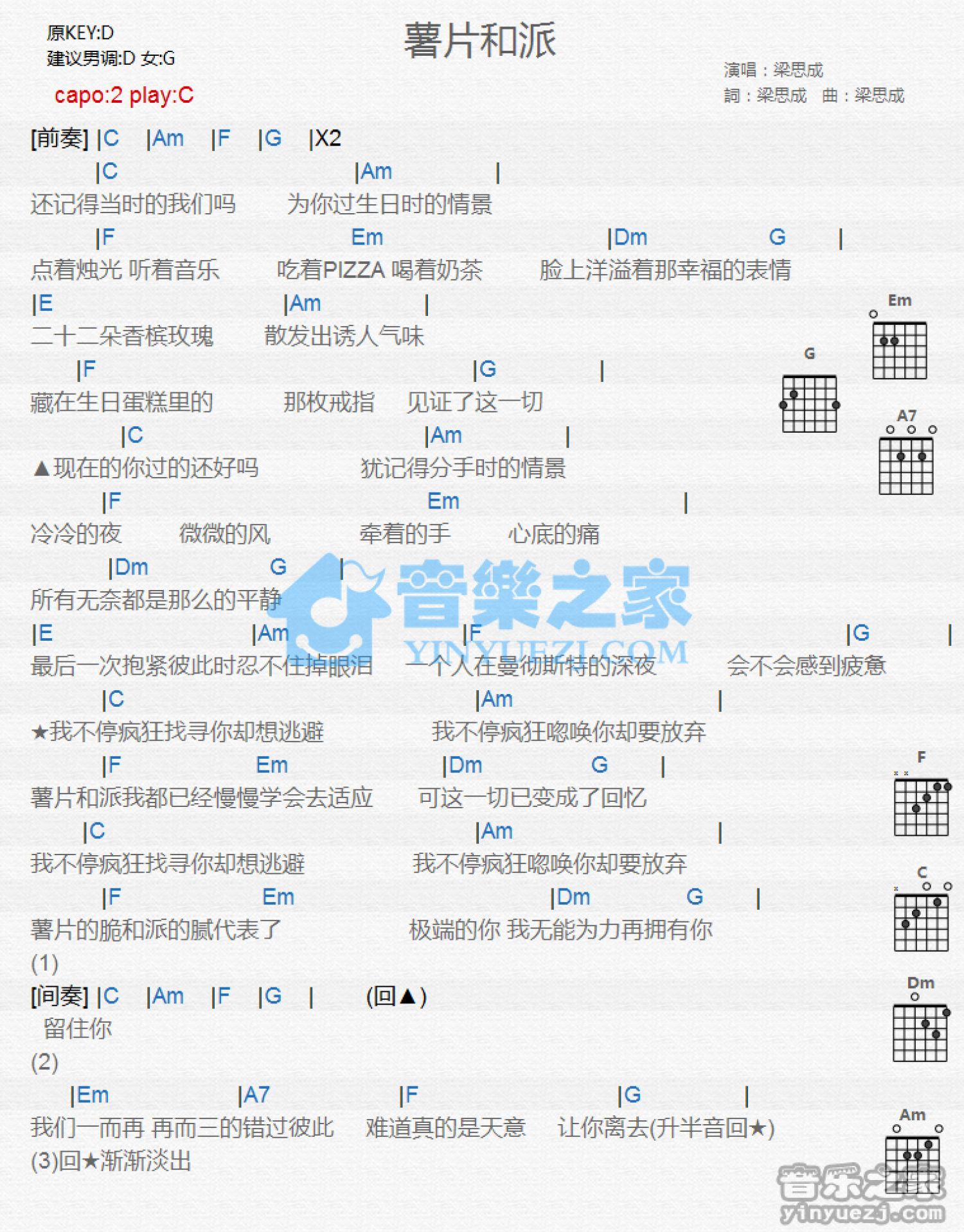 许嵩《薯片和派》吉他谱_C调吉他弹唱谱_和弦谱第1张