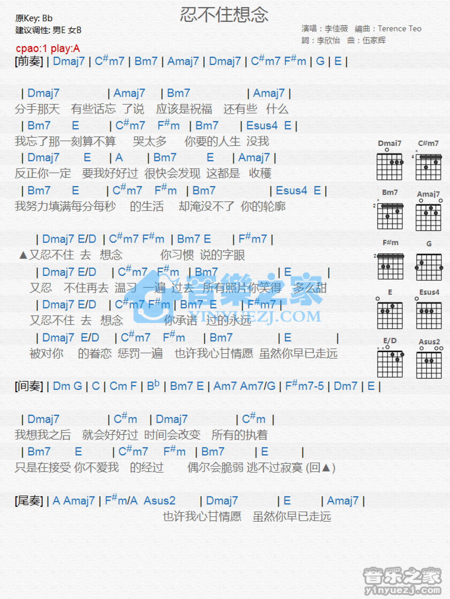 李佳薇《忍不住想念》吉他谱_A调吉他弹唱谱_和弦谱第1张