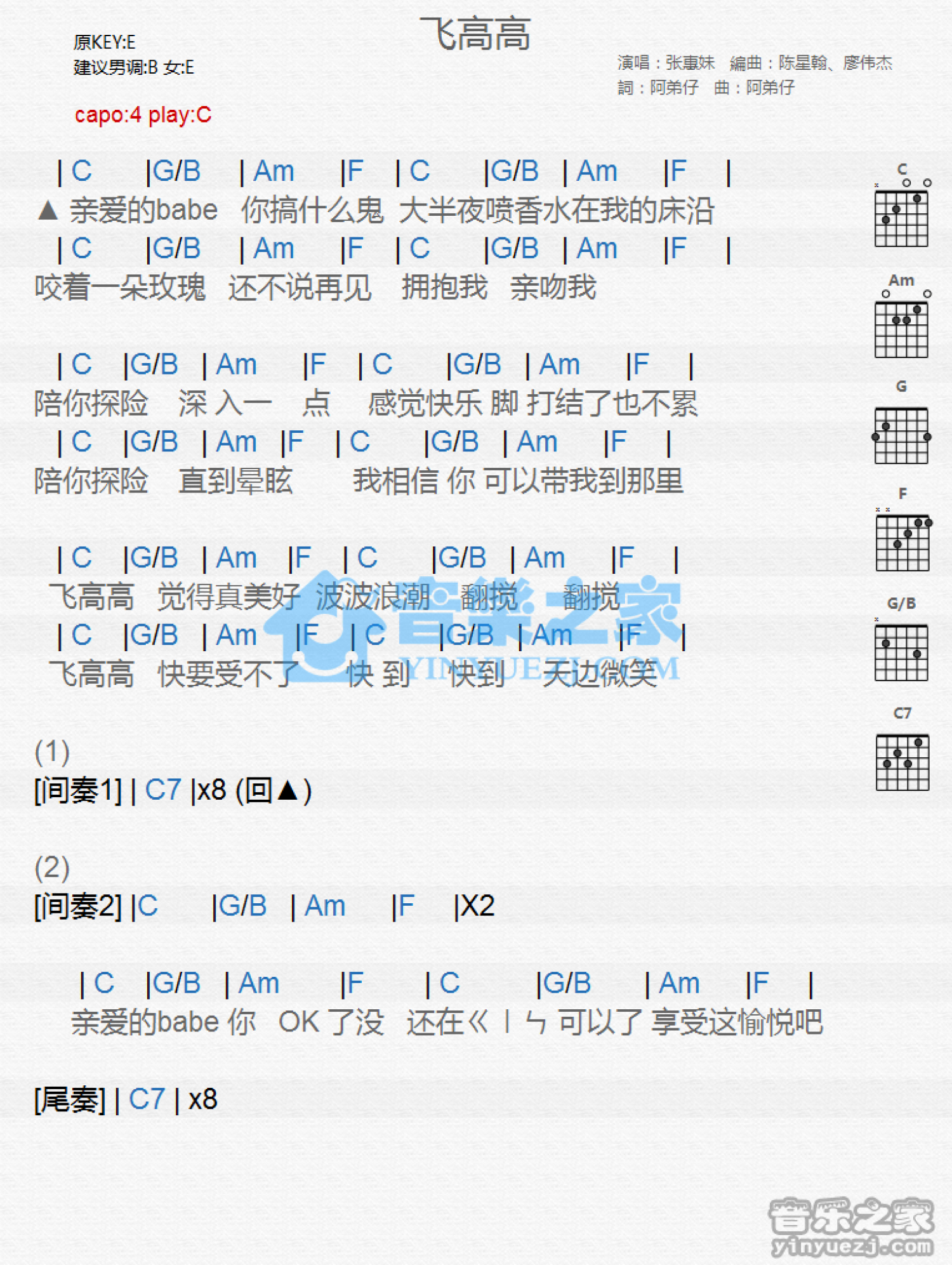 张惠妹《飞高高》吉他谱_C调吉他弹唱谱_和弦谱第1张