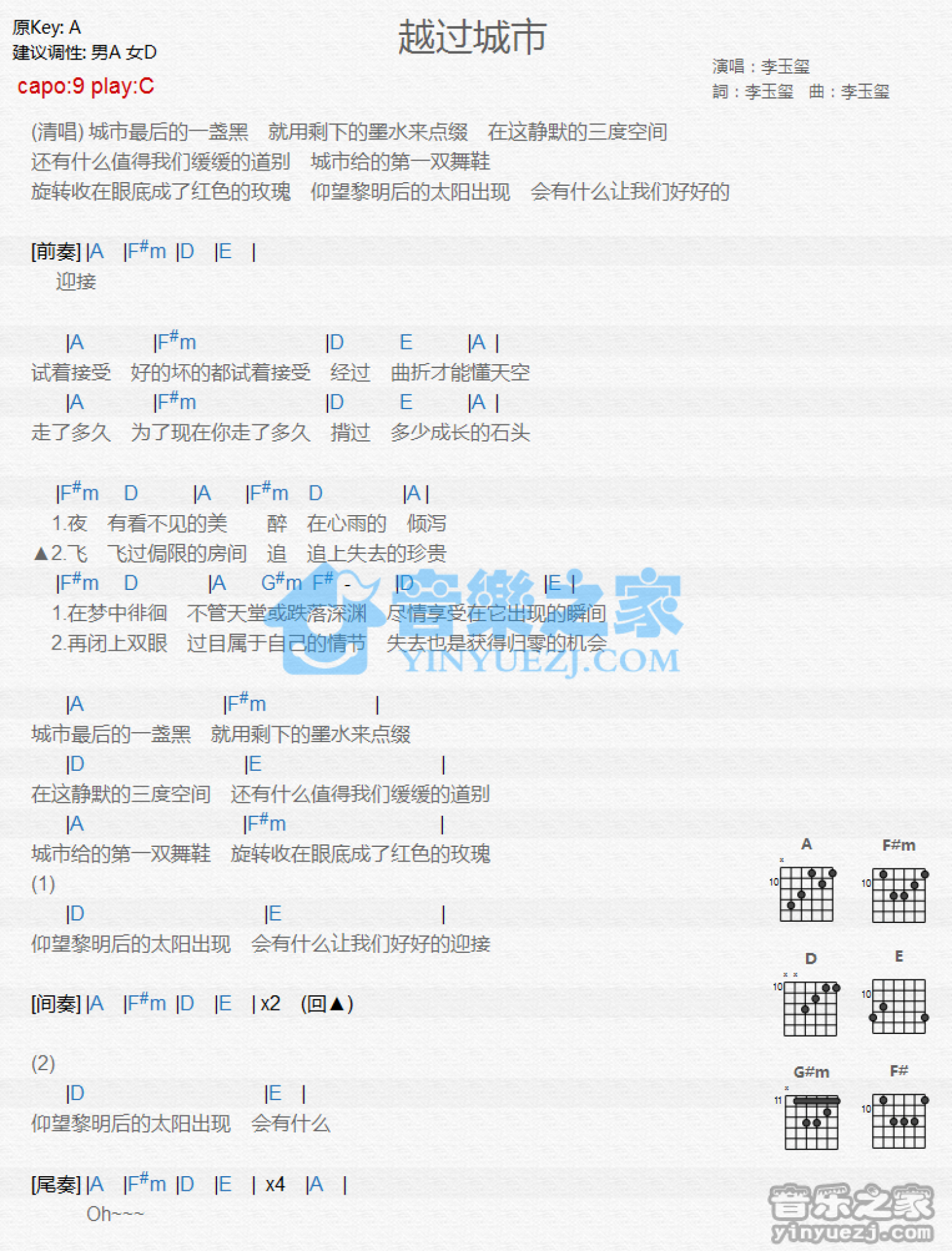 李玉玺《越过城市》吉他谱_C调吉他弹唱谱_和弦谱第1张