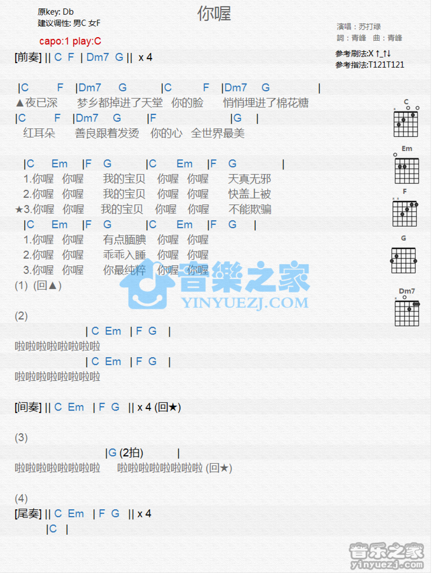 苏打绿《你喔》吉他谱_C调吉他弹唱谱_和弦谱第1张