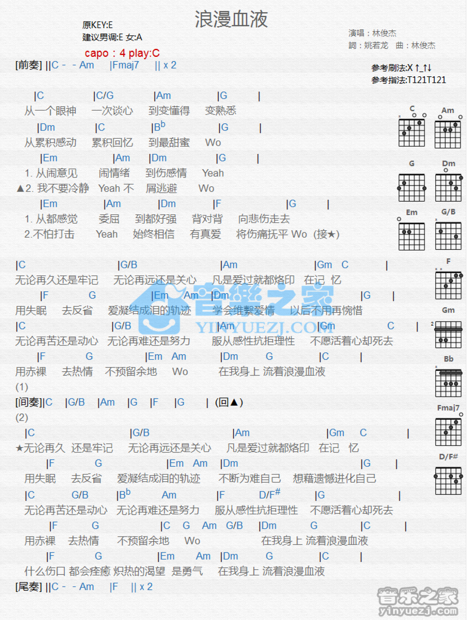 林俊杰《浪漫血液》吉他谱_C调吉他弹唱谱_和弦谱第1张