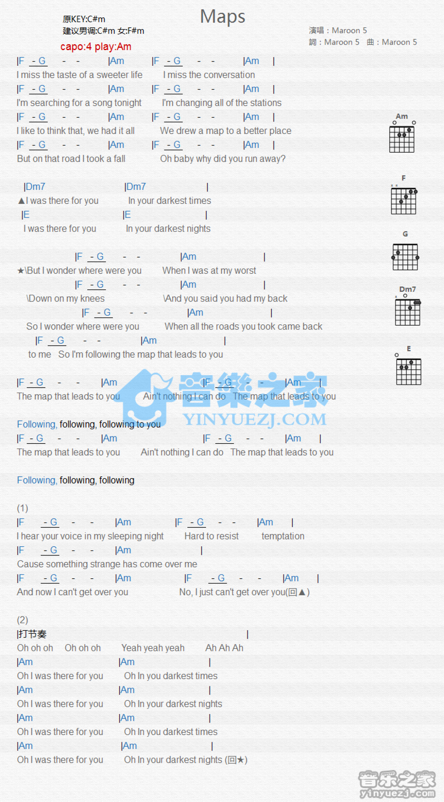 Maroon 5《Maps》吉他谱_C调吉他弹唱谱_和弦谱第1张