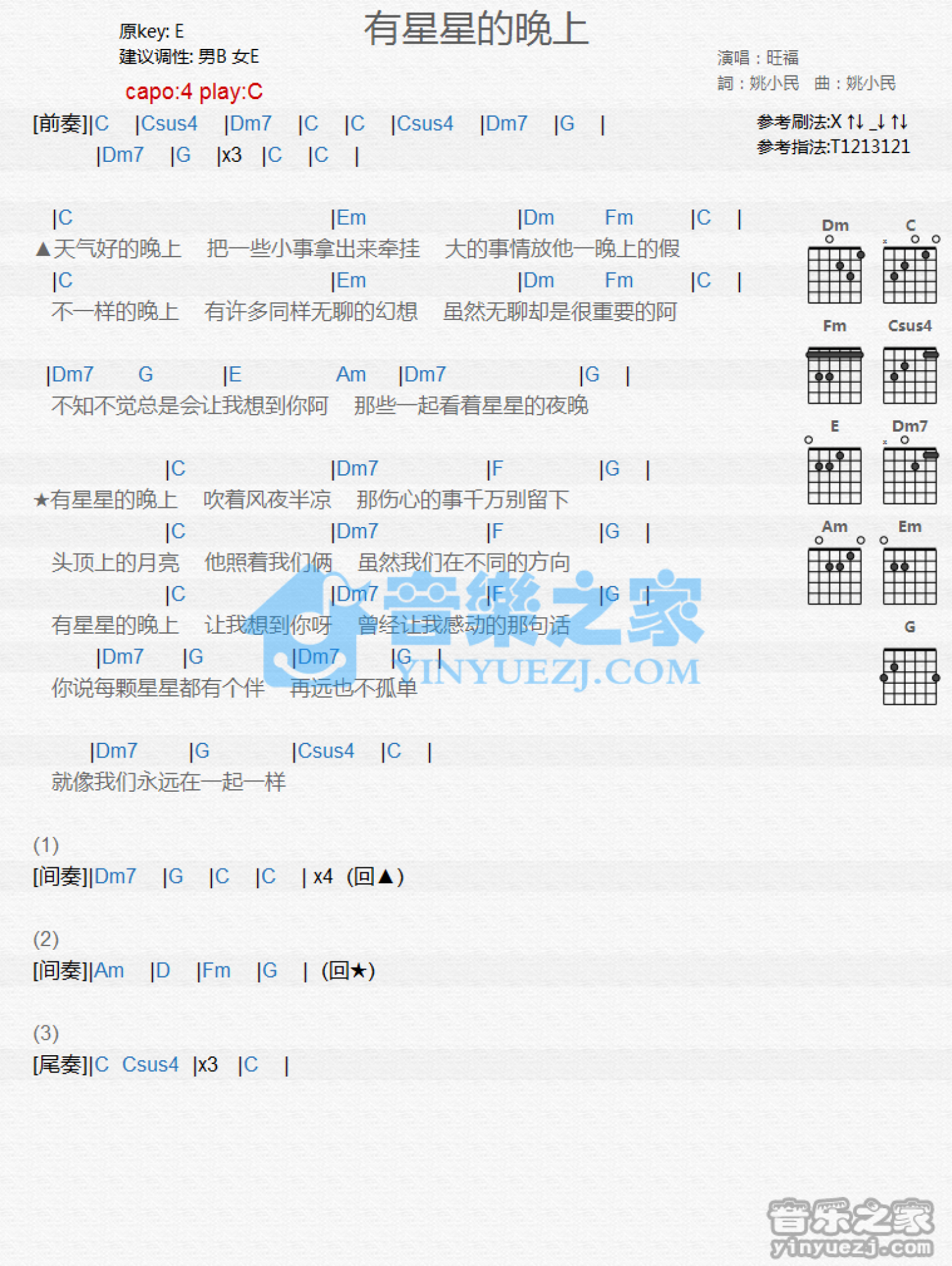 旺福乐队《有星星的晚上》吉他谱_C调吉他弹唱谱_和弦谱第1张