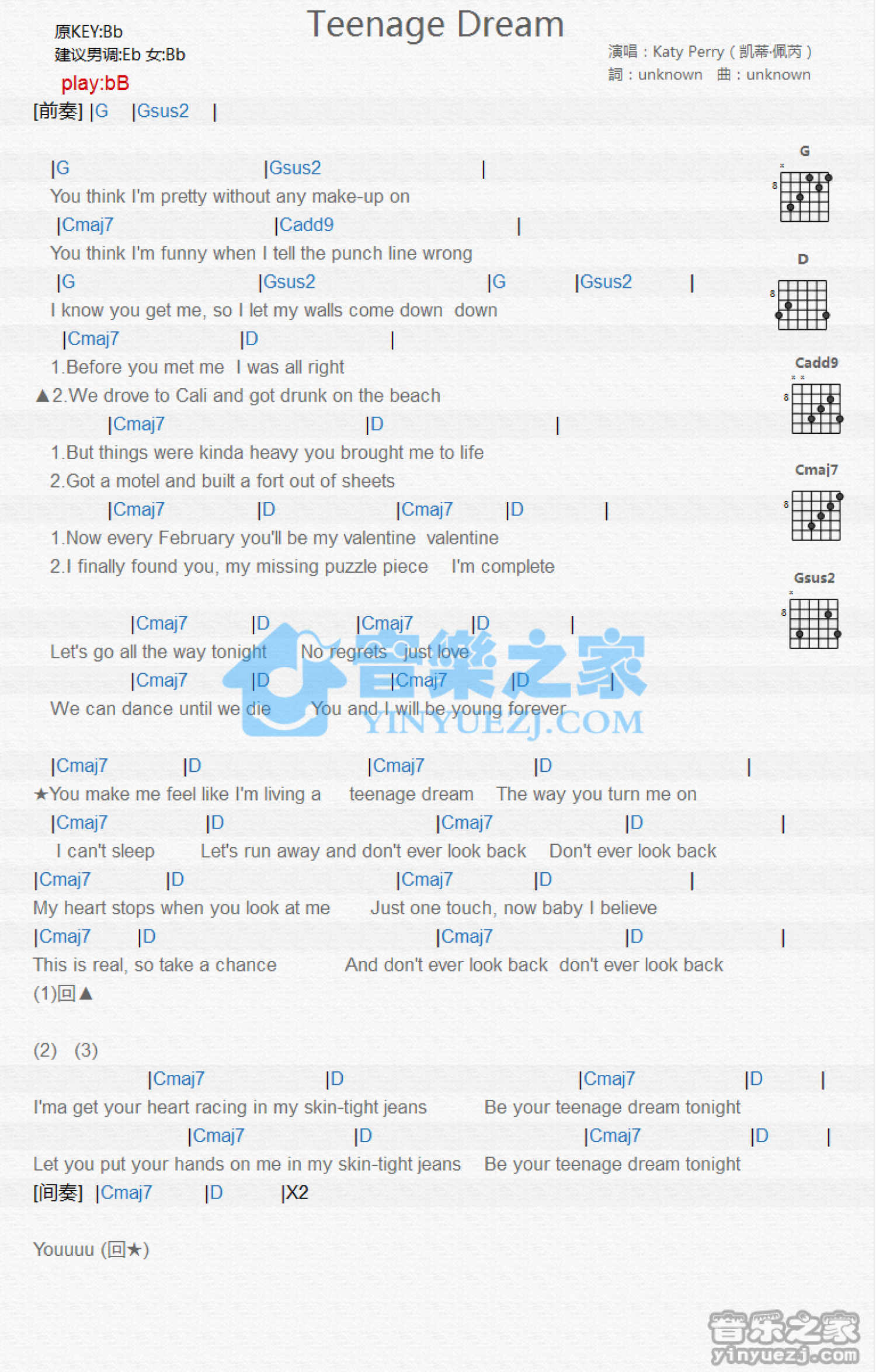 Katy Perry《Teenage Dream》吉他谱_G调吉他弹唱谱_和弦谱第1张