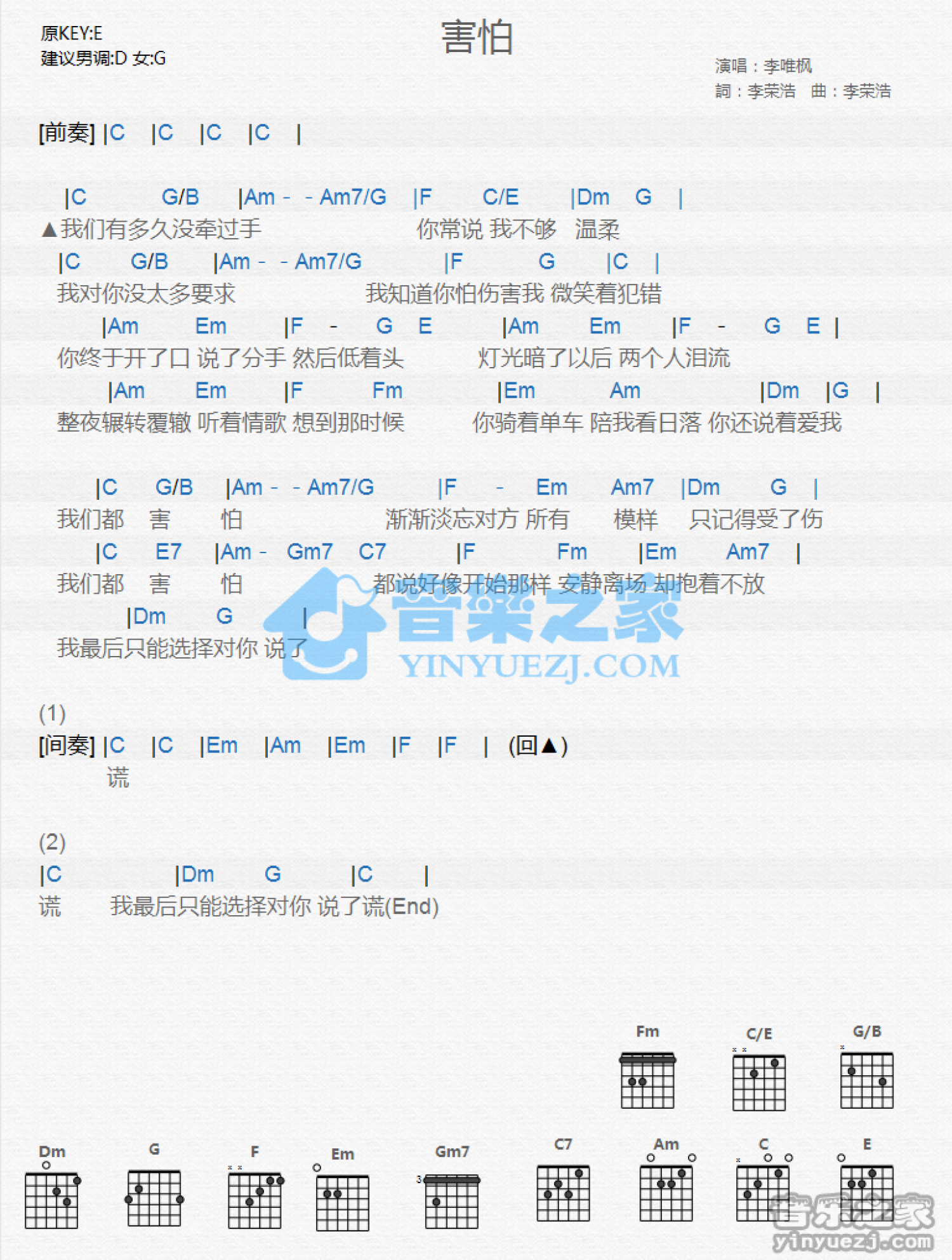 李唯枫《害怕》吉他谱_C调吉他弹唱谱_和弦谱第1张