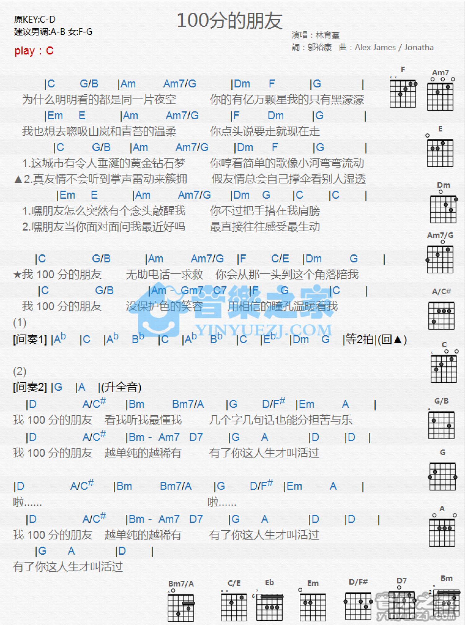 林育群《100分的朋友》吉他谱_C调吉他弹唱谱_和弦谱第1张