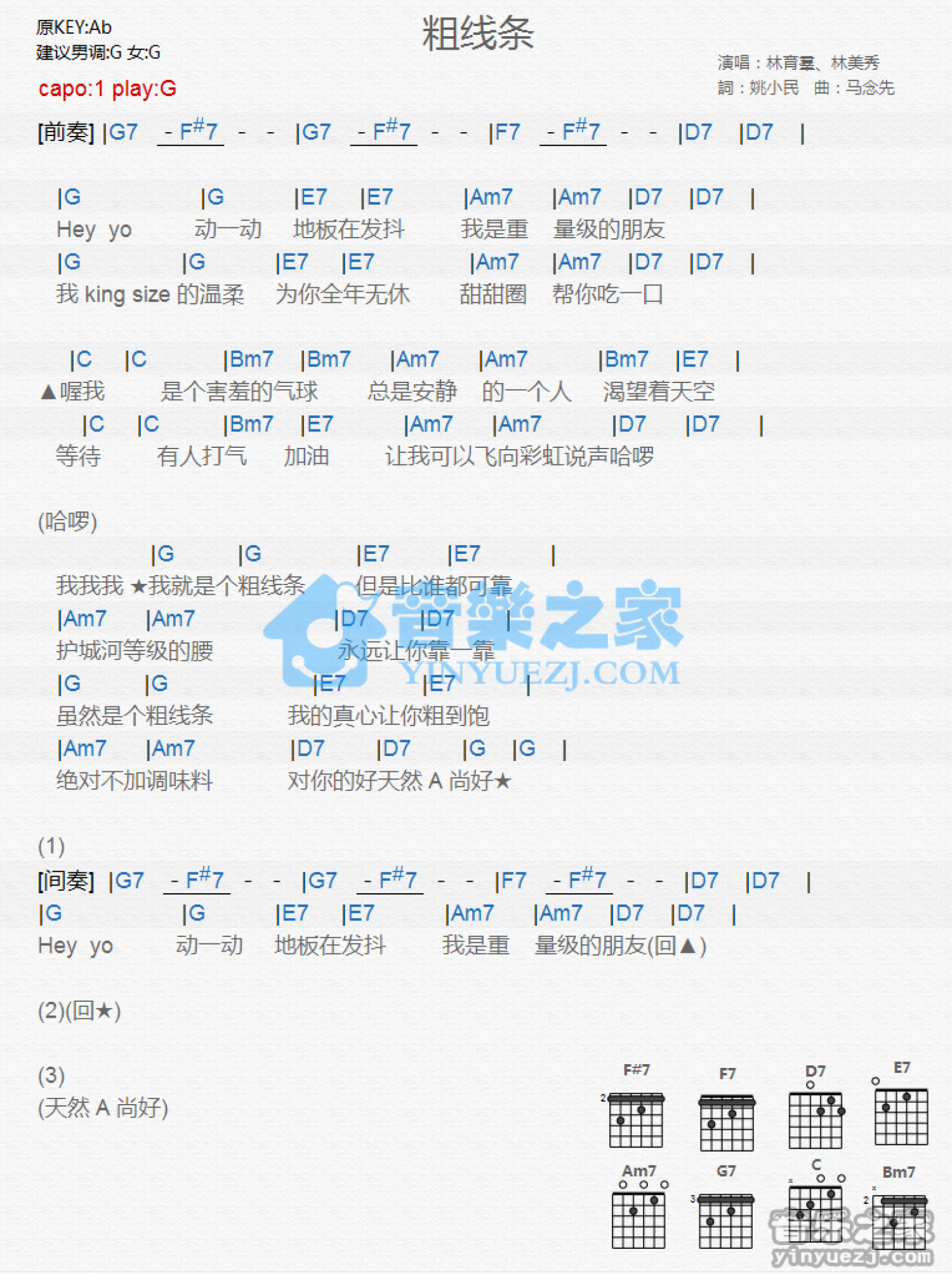 林育群/林美秀《粗线条》吉他谱_G调吉他弹唱谱_和弦谱第1张