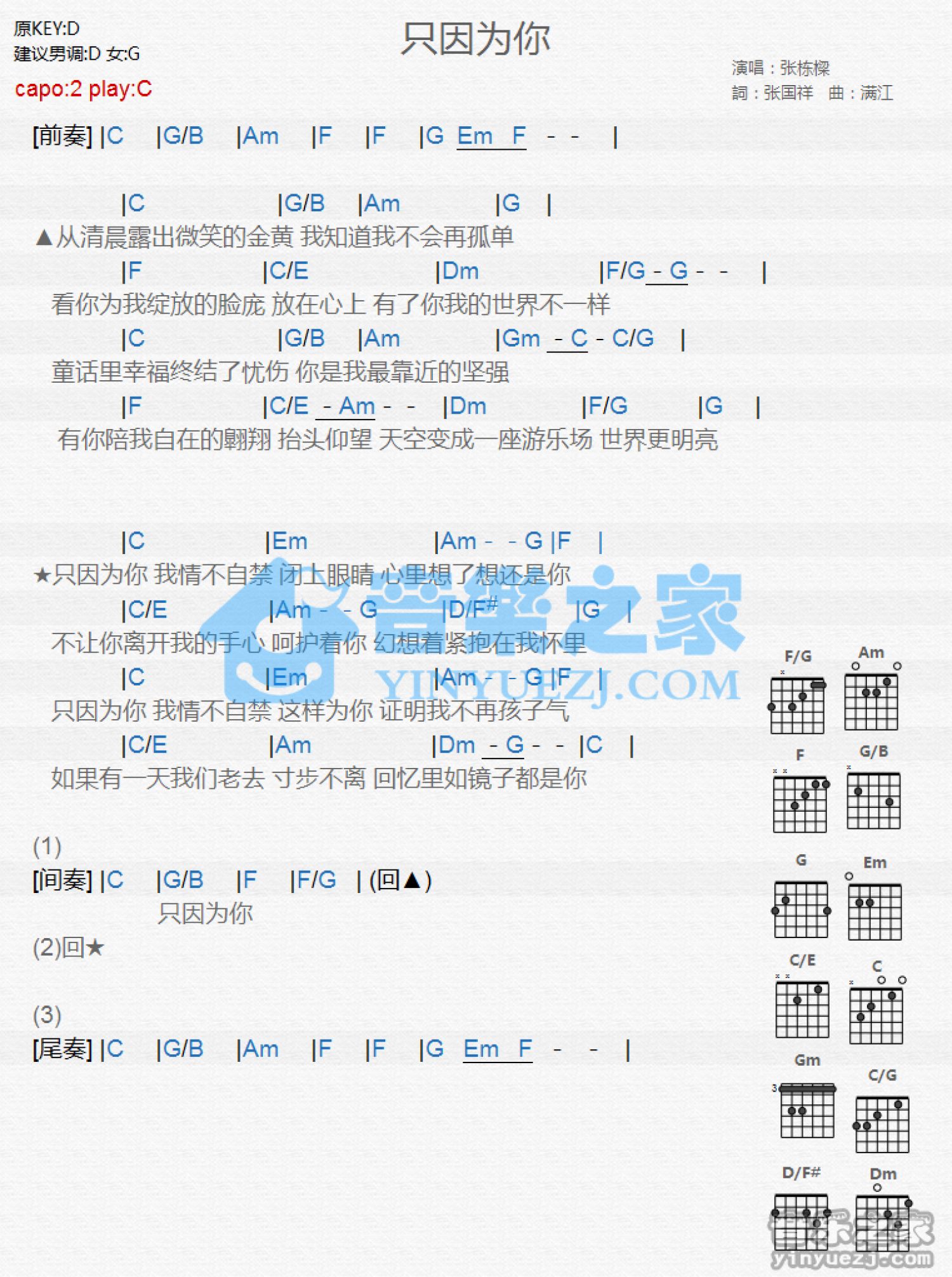 张栋梁《只因为你》吉他谱_C调吉他弹唱谱_和弦谱第1张