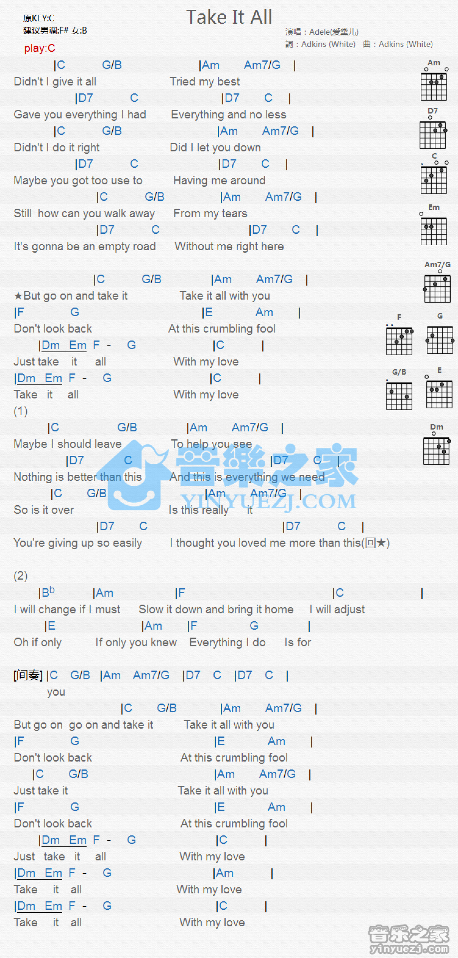 阿黛尔《Take It All》吉他谱_C调吉他弹唱谱_和弦谱第1张