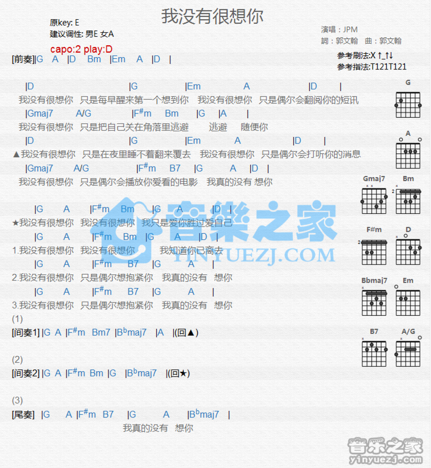 JPM《我没有很想你》吉他谱_D调吉他弹唱谱_和弦谱第1张