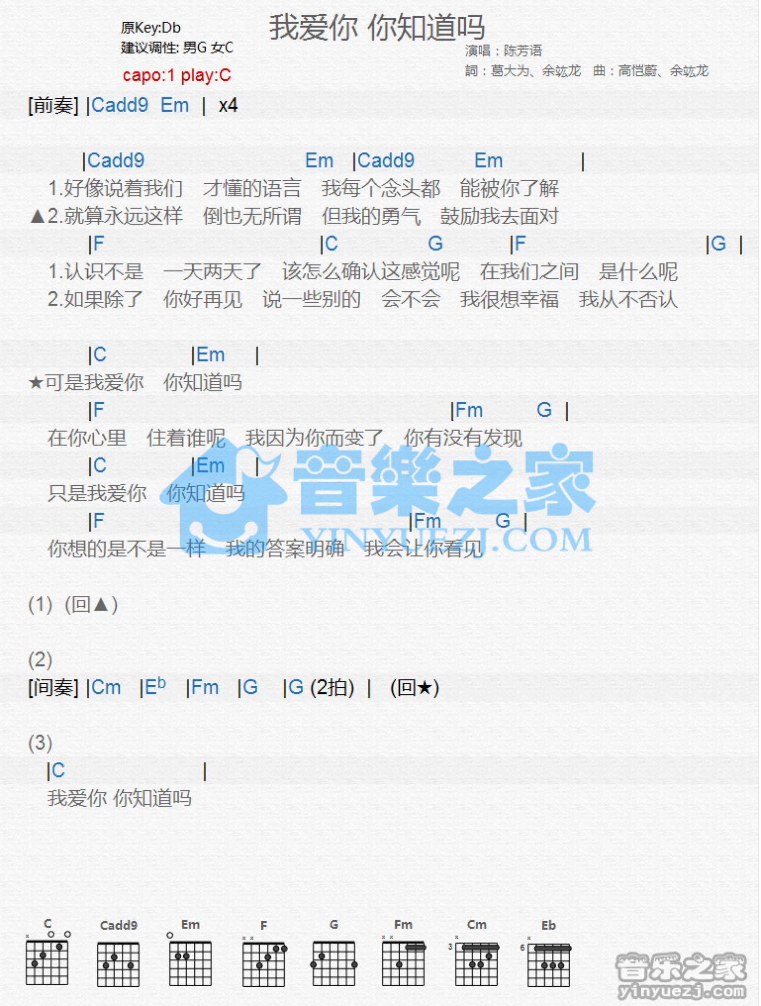 陈芳语《我爱你你知道吗》吉他谱_C调吉他弹唱谱_和弦谱第1张