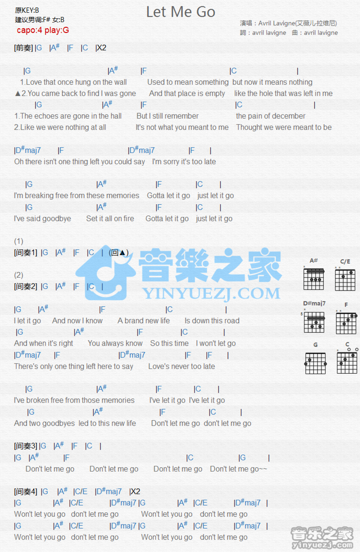 艾薇儿《Let Me Go》吉他谱_G调吉他弹唱谱_和弦谱第1张