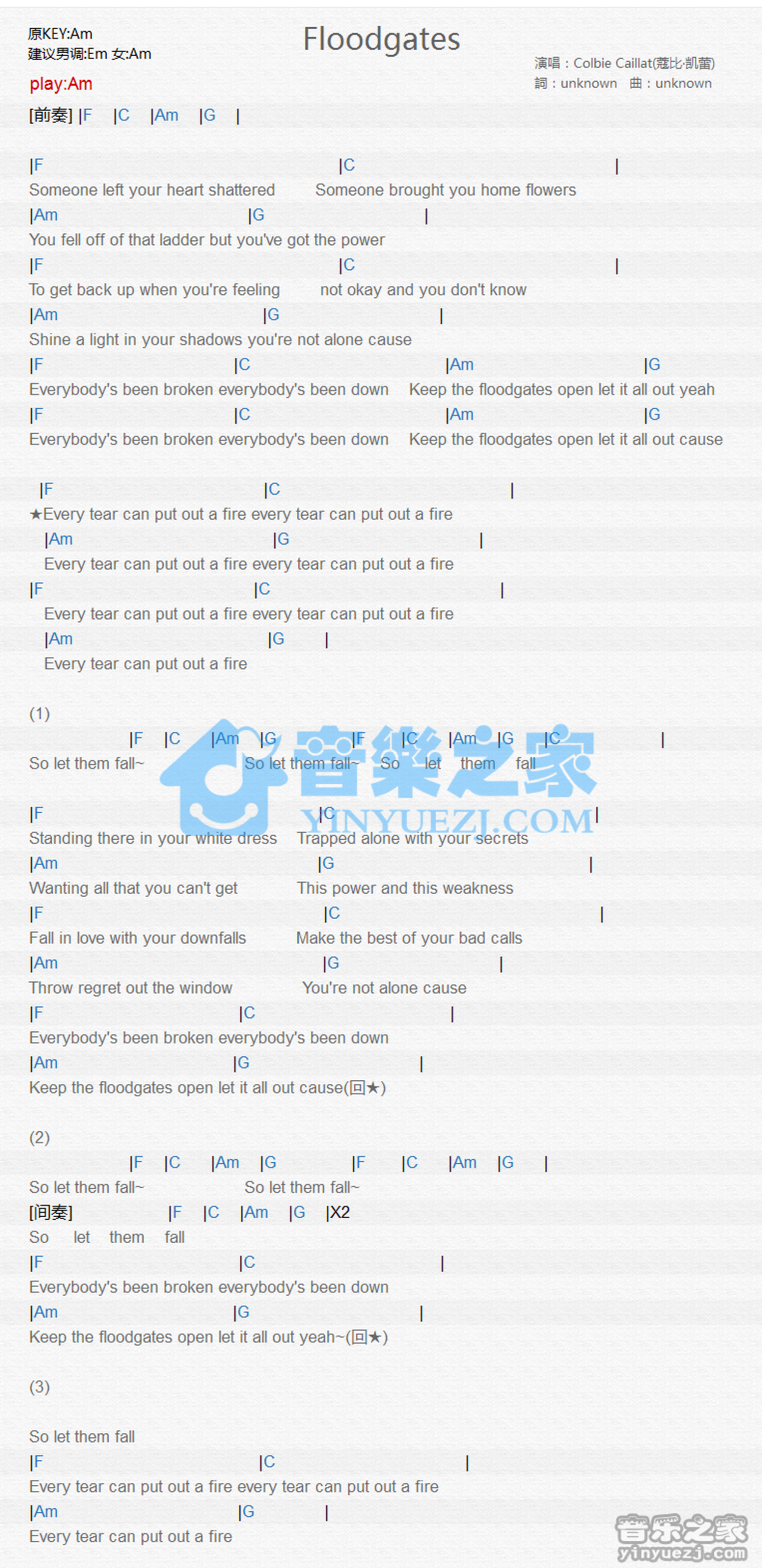 Colbie Caillat《Floodgates》吉他谱_C调吉他弹唱谱_和弦谱第1张