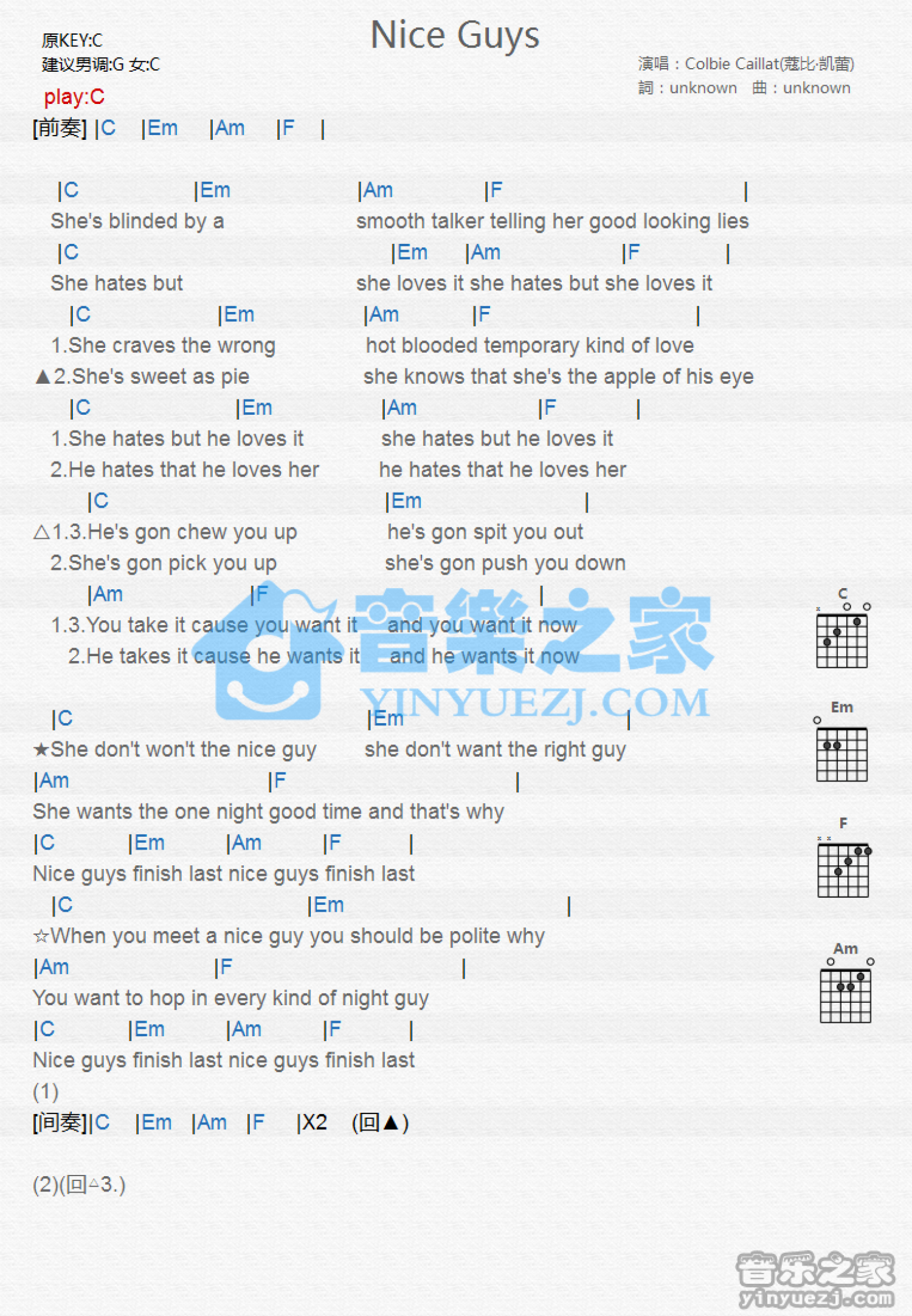 Colbie Caillat《Nice Guys》吉他谱_C调吉他弹唱谱_和弦谱第1张