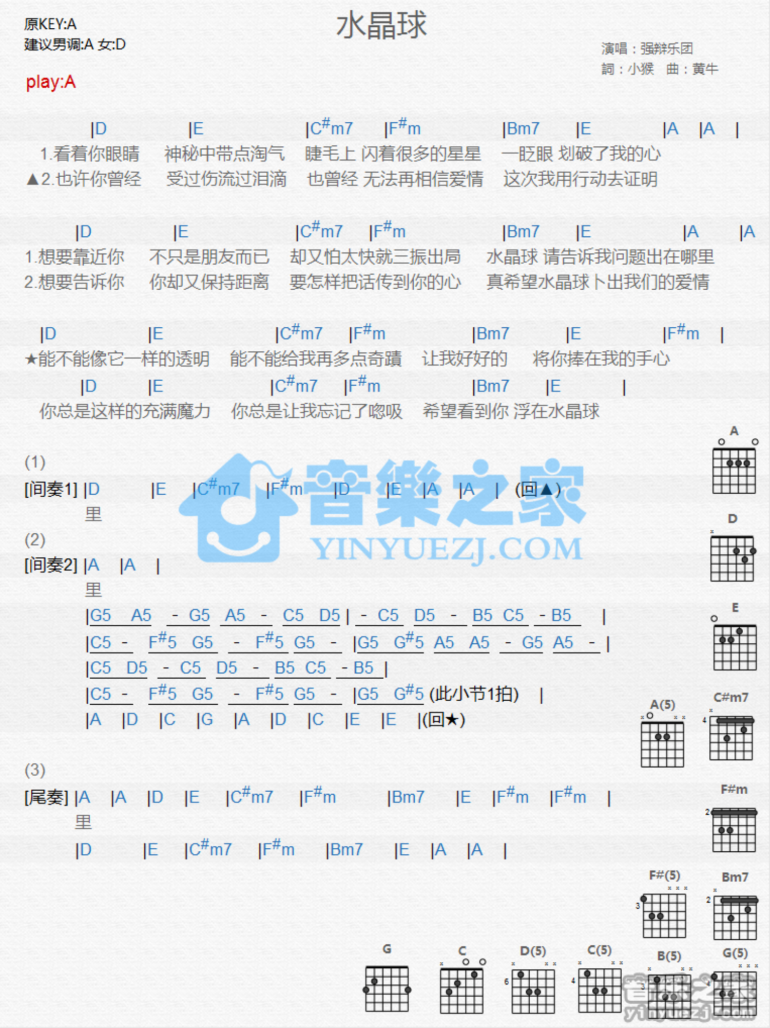 强辩乐团《水晶球》吉他谱_A调吉他弹唱谱_和弦谱第1张