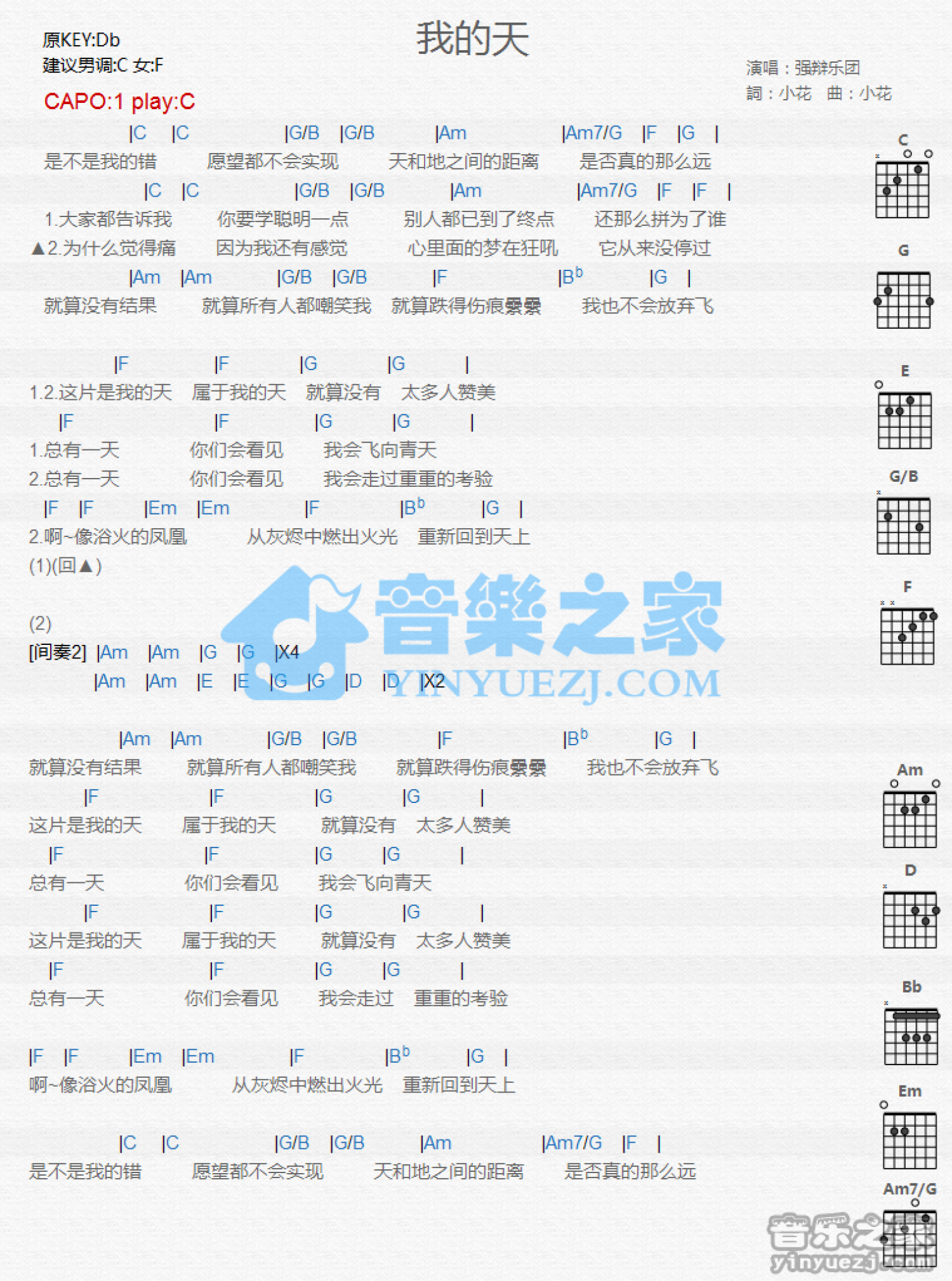 强辩乐团《我的天》吉他谱_C调吉他弹唱谱_和弦谱第1张