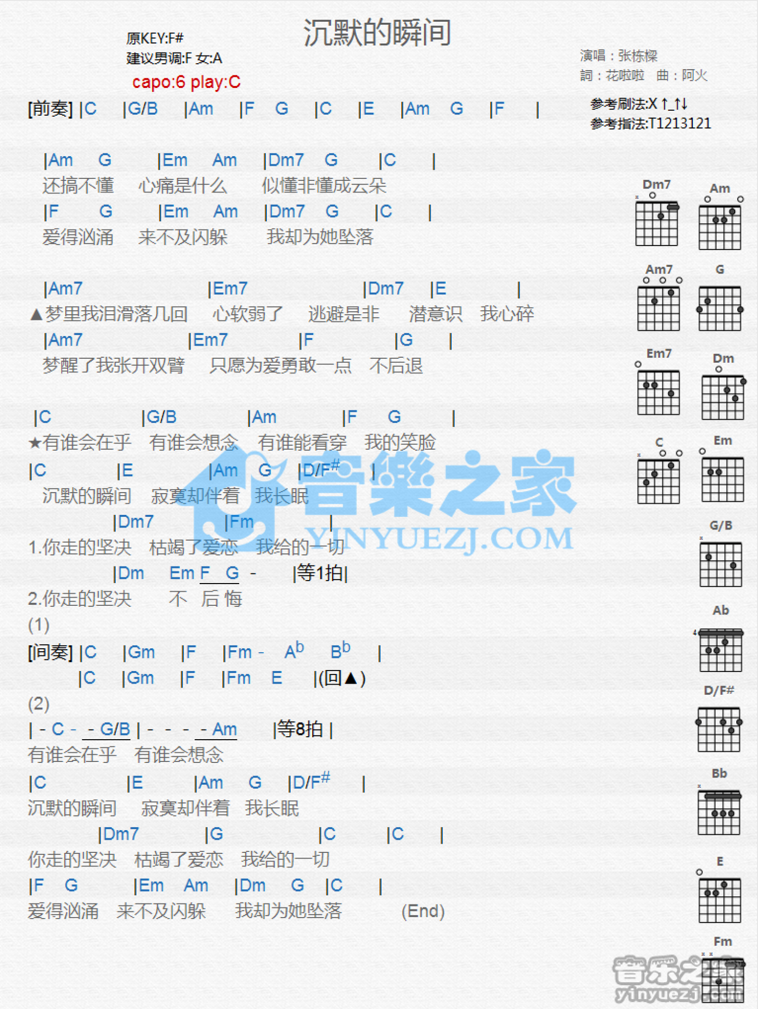 张栋梁《沉默的瞬间》吉他谱_C调吉他弹唱谱_和弦谱第1张