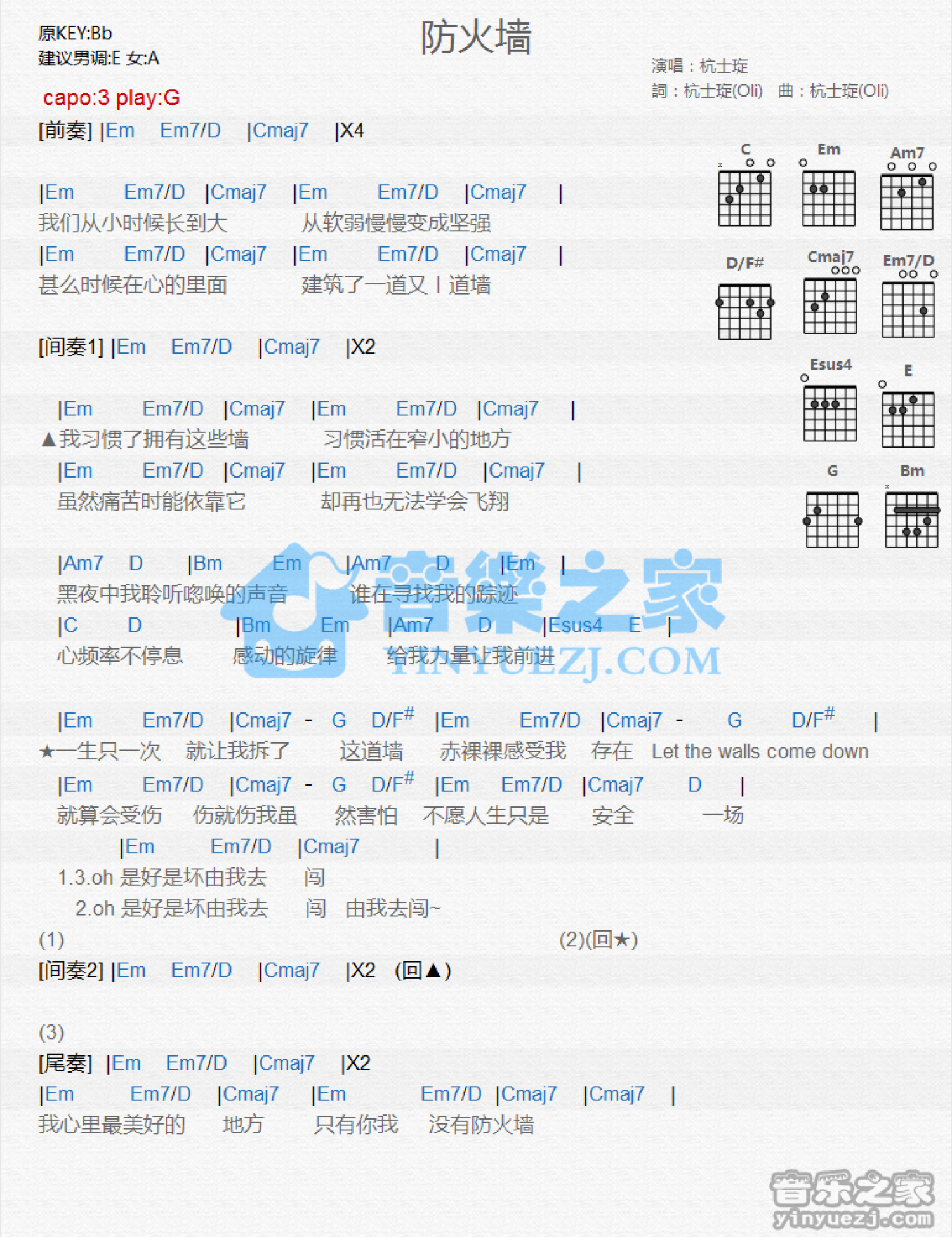 杭士琁《防火墙》吉他谱_G调吉他弹唱谱_和弦谱第1张