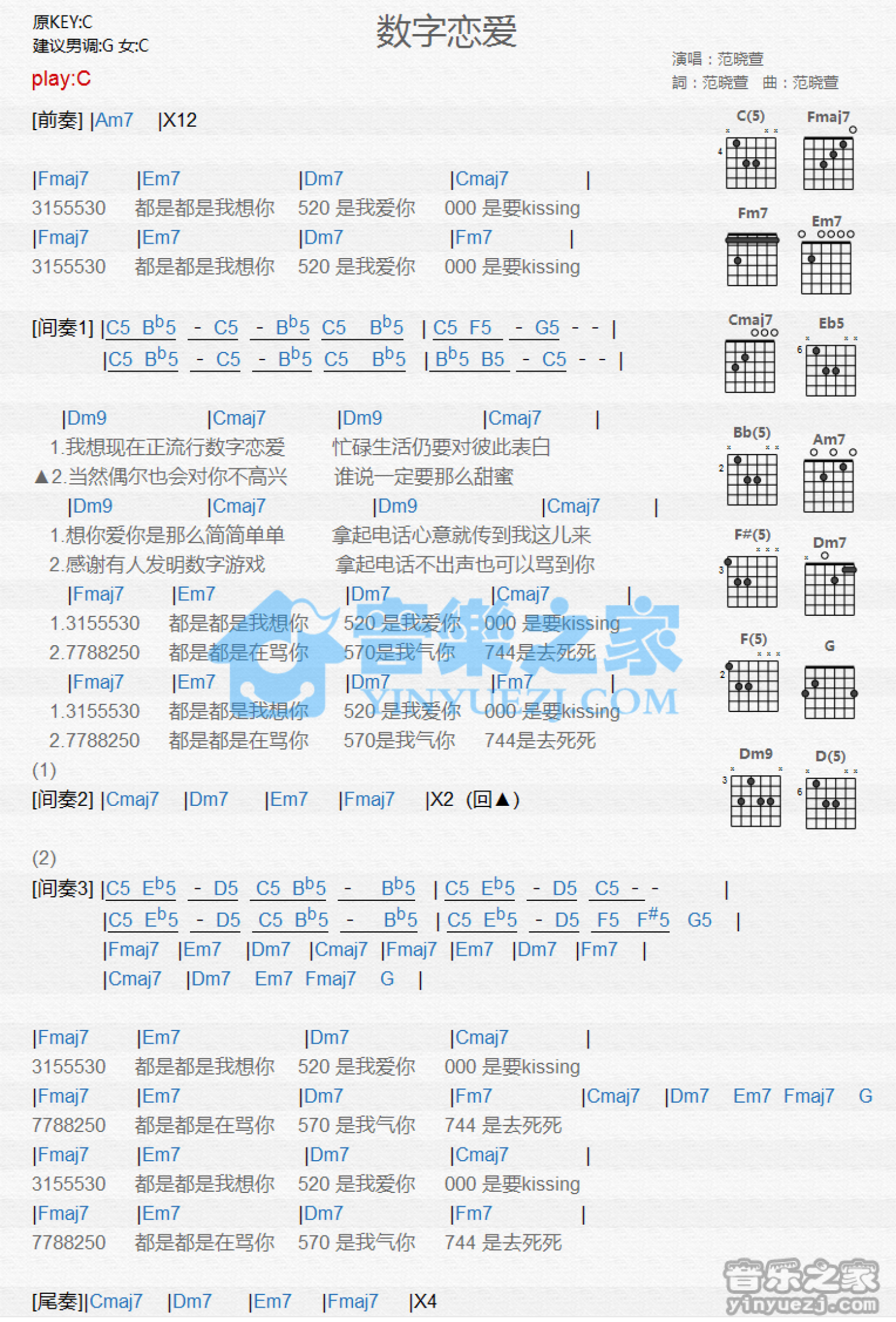 范晓萱《数字恋爱》吉他谱_C调吉他弹唱谱_和弦谱第1张