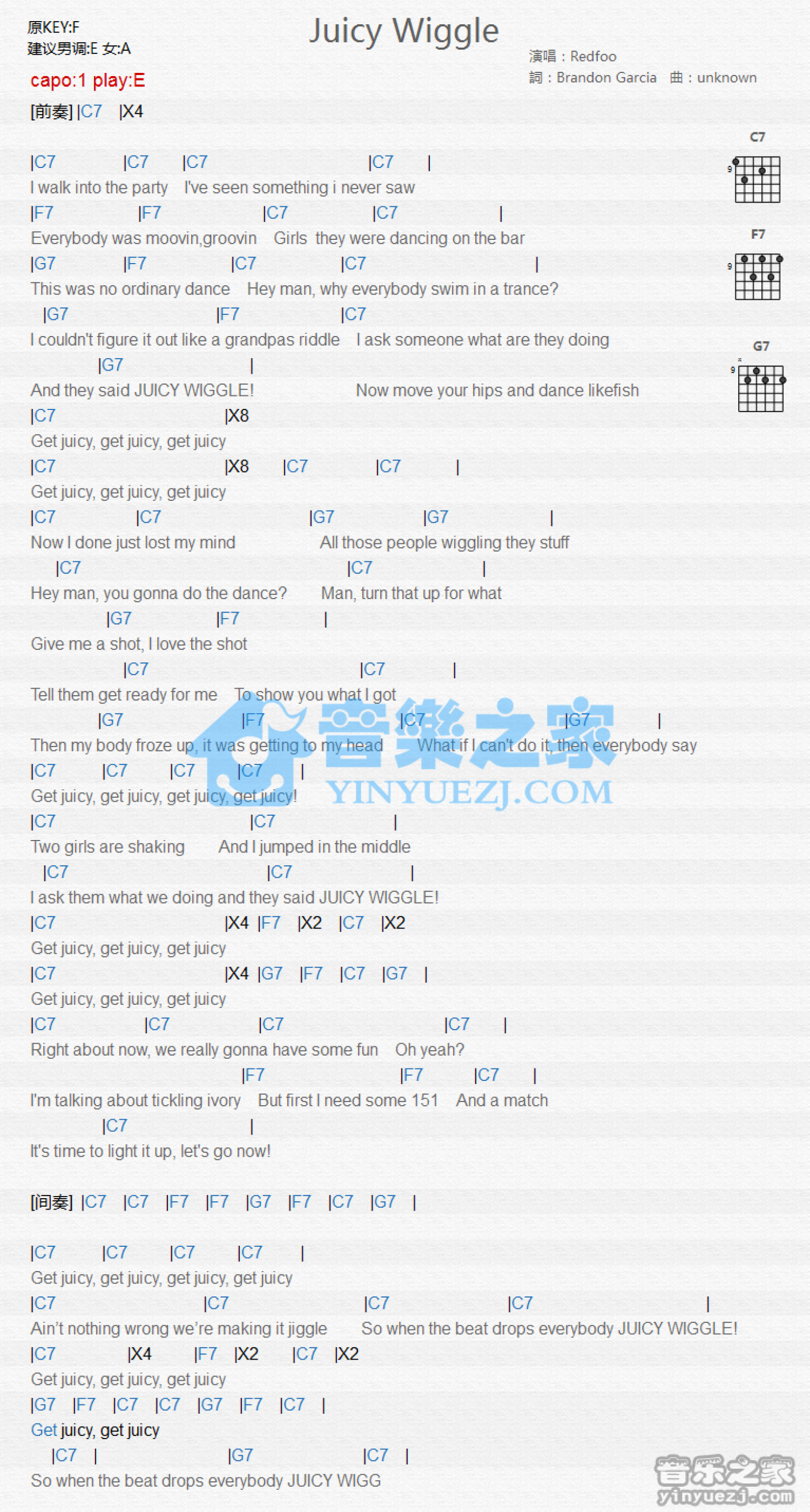 Redfoo《Juicy Wiggle》吉他谱_E调吉他弹唱谱_和弦谱第1张
