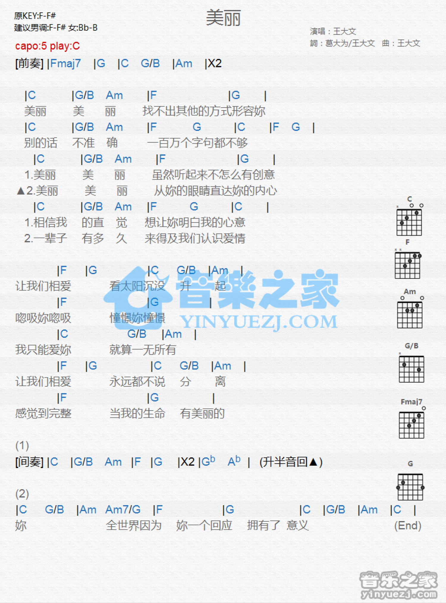 王大文《美丽》吉他谱_C调吉他弹唱谱_和弦谱第1张