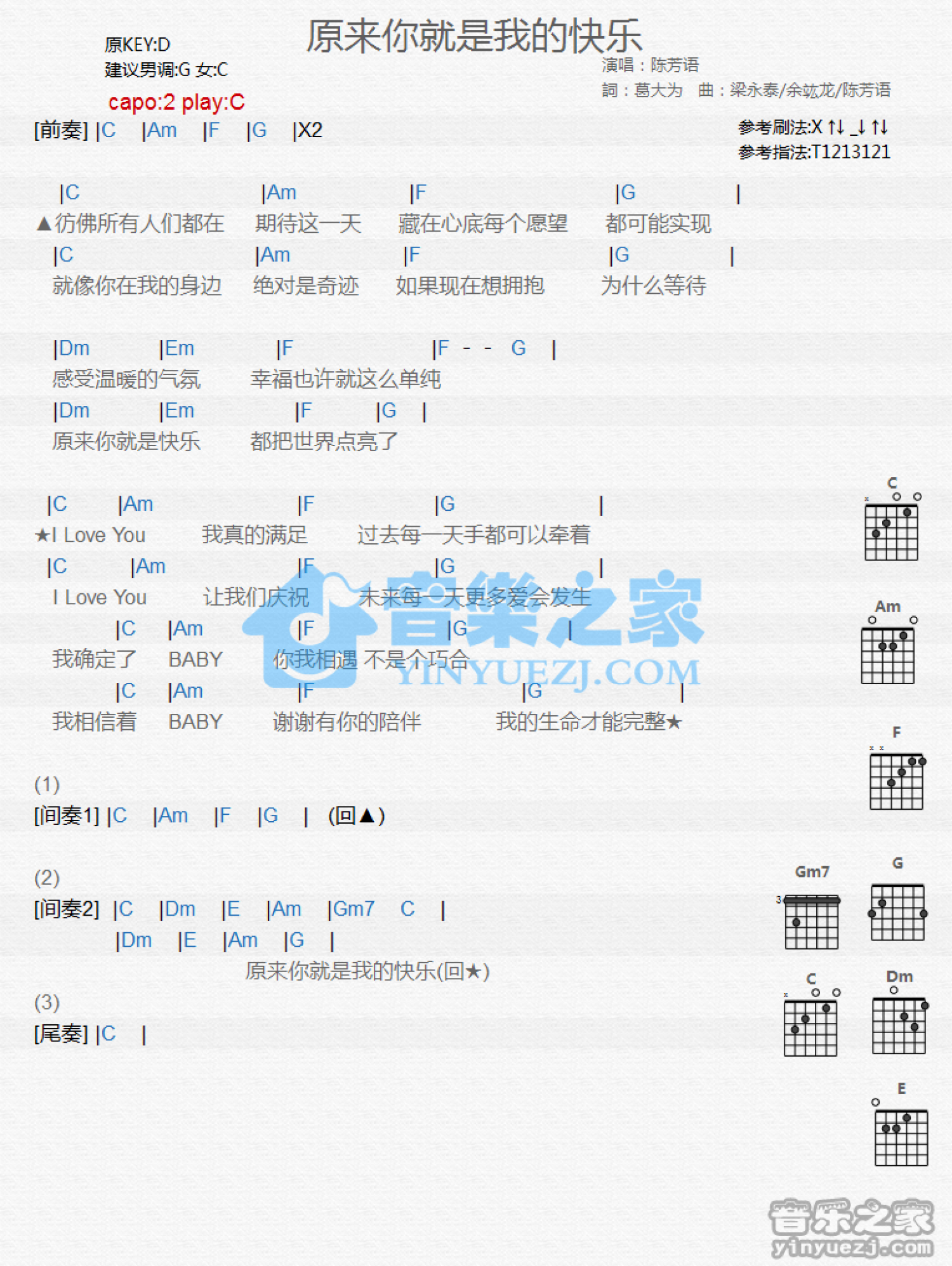 陈芳语《原来你就是我的快乐》吉他谱_C调吉他弹唱谱_和弦谱第1张