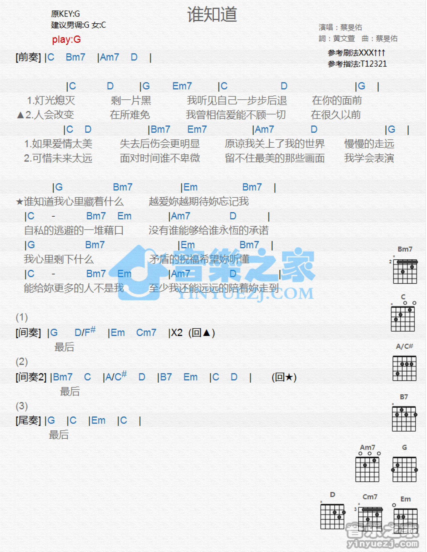 蔡F佑《谁知道》吉他谱_G调吉他弹唱谱_和弦谱第1张