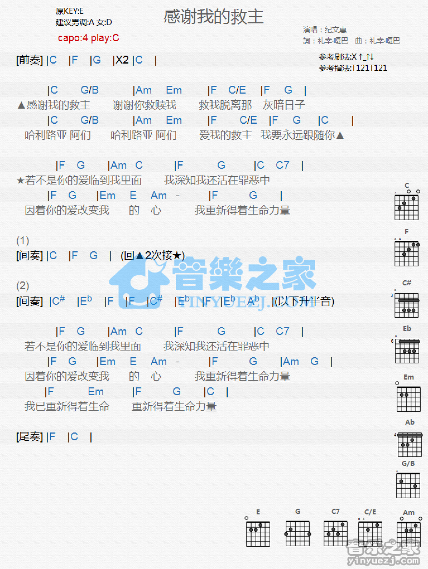 纪文惠《感谢我的救主》吉他谱_C调吉他弹唱谱_和弦谱第1张