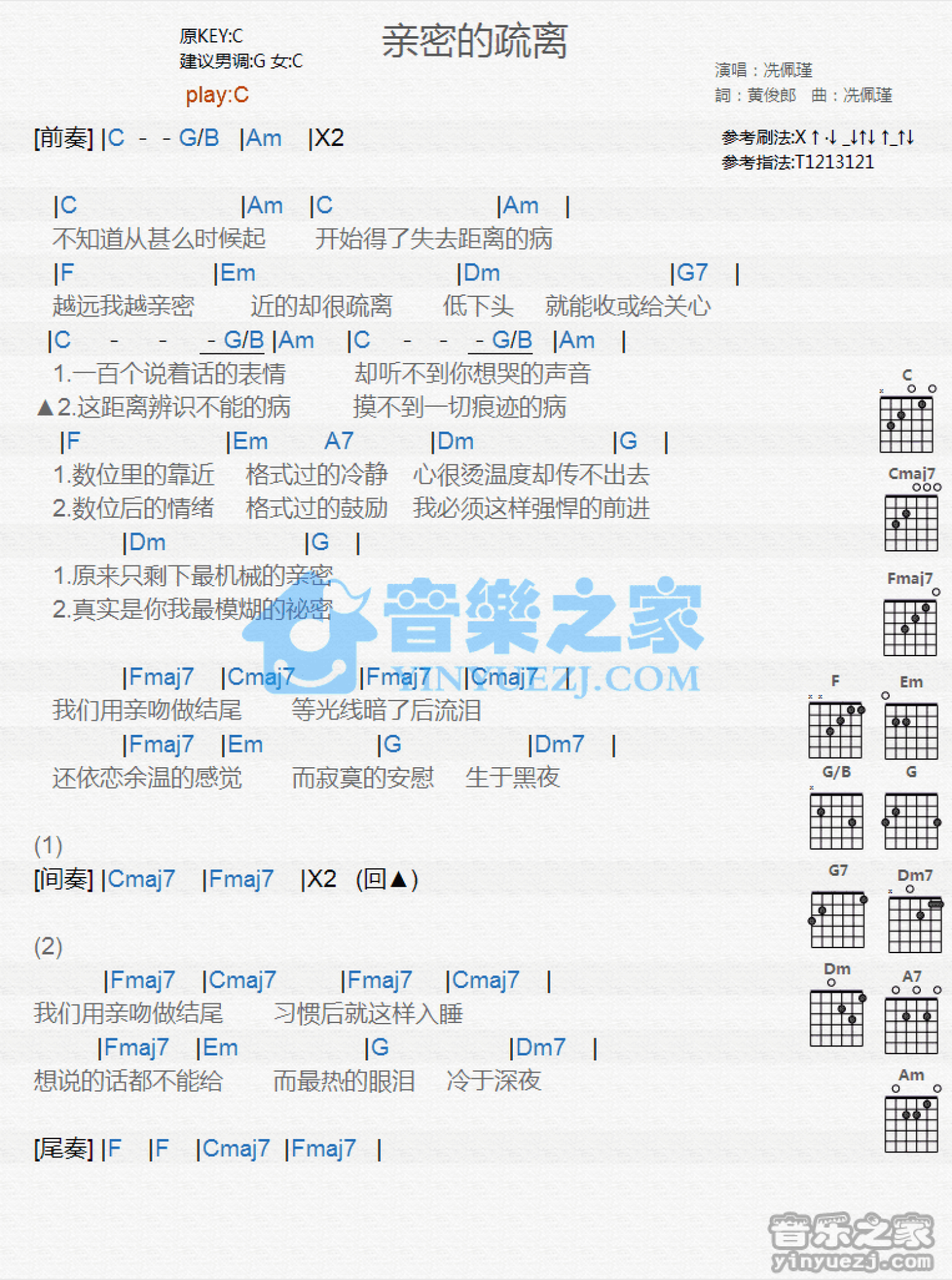 冼佩瑾《亲密的疏离》吉他谱_C调吉他弹唱谱_和弦谱第1张