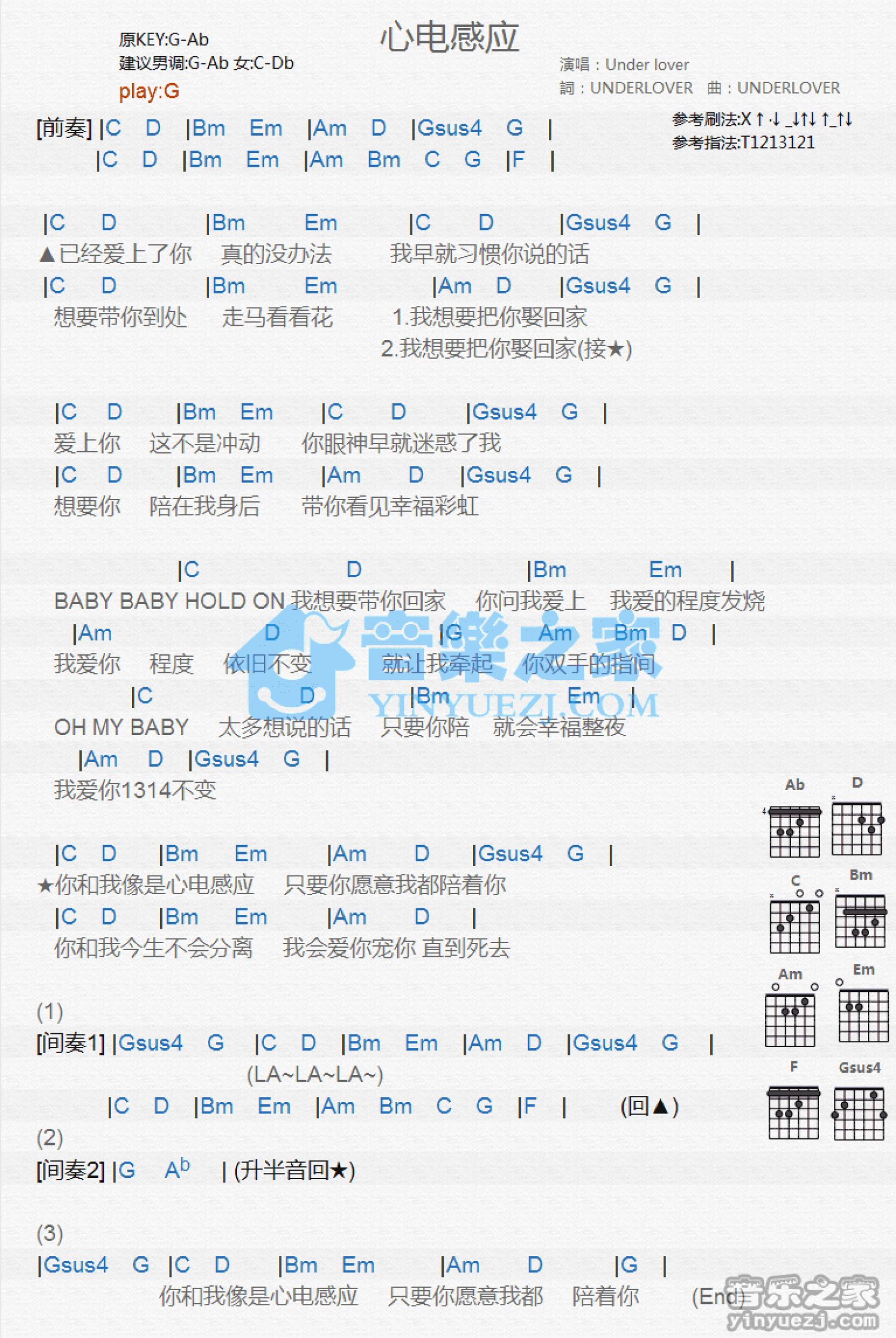 Uder Lover《心电感应》吉他谱_G调吉他弹唱谱_和弦谱第1张