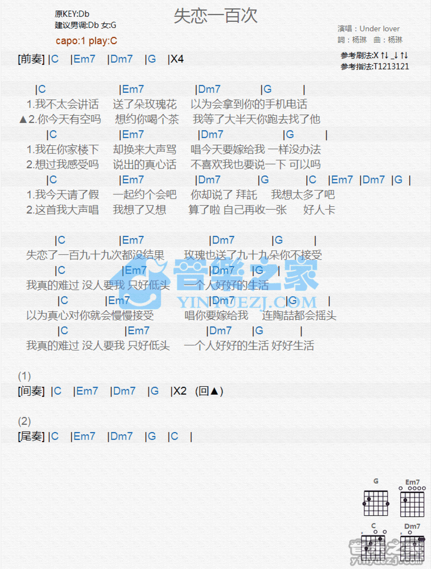 UderLover《失恋一百次》吉他谱_C调吉他弹唱谱_和弦谱第1张