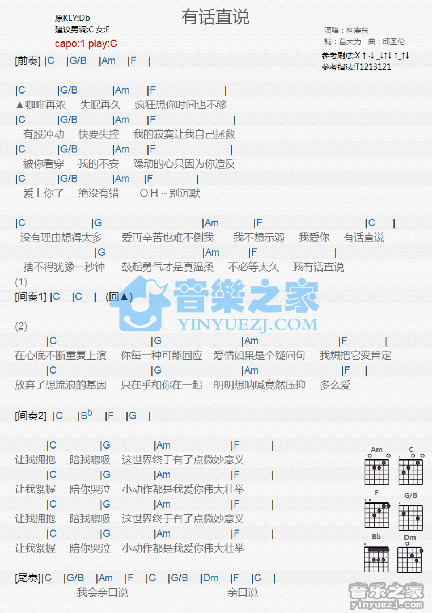 柯震东《有话直说》吉他谱_C调吉他弹唱谱_和弦谱第1张