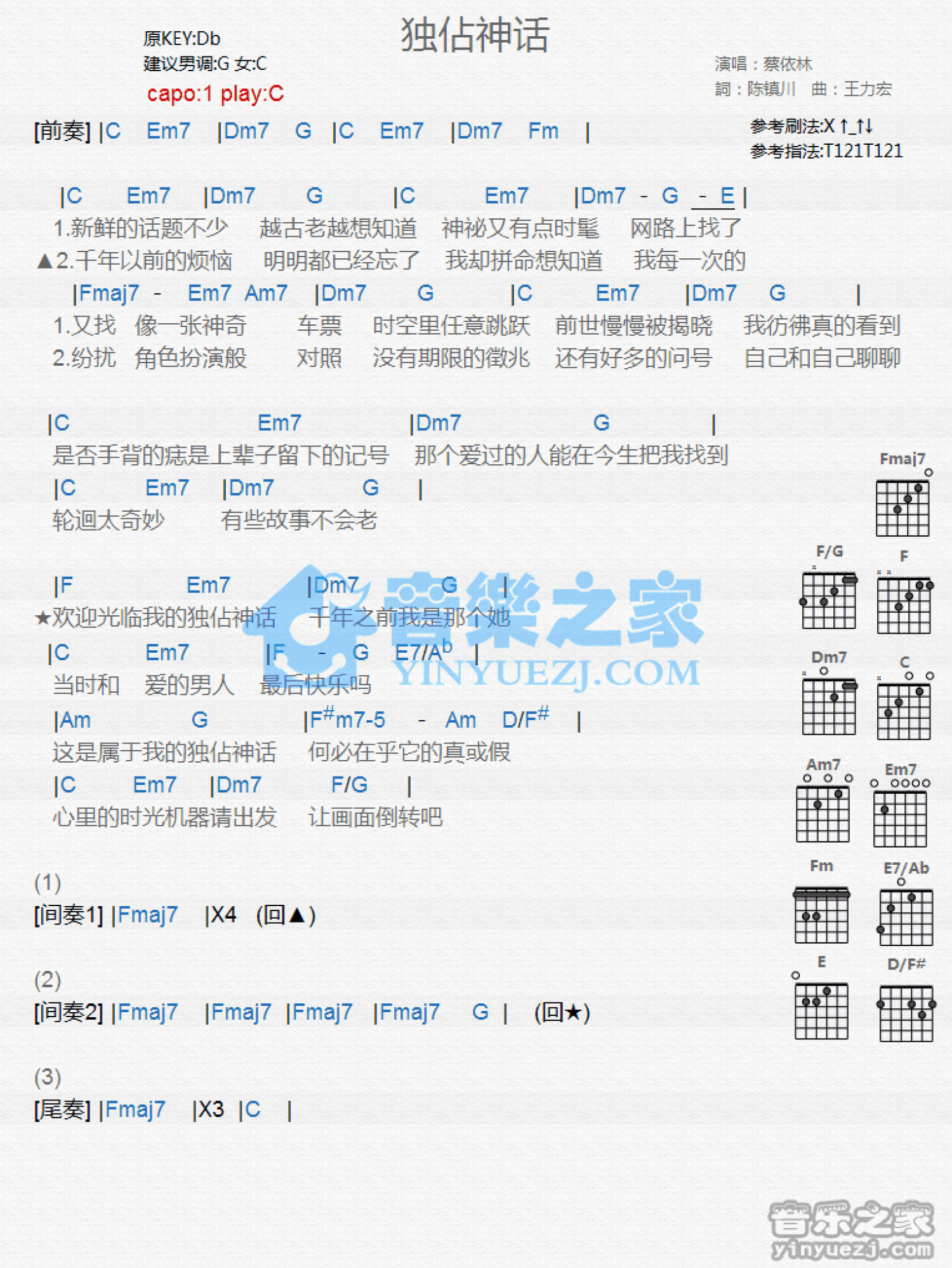 蔡依林《独占神话》吉他谱_C调吉他弹唱谱_和弦谱第1张