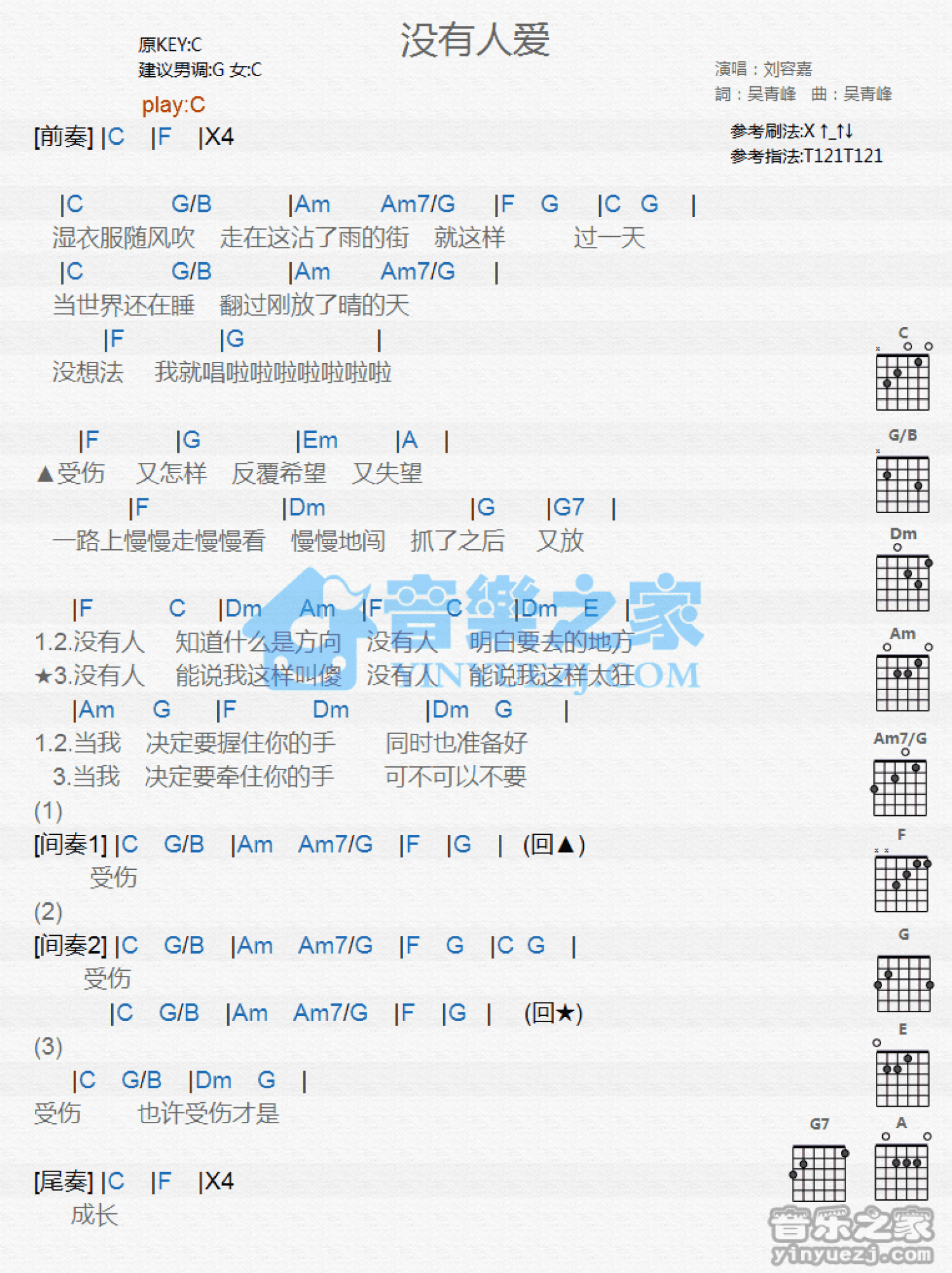 刘容嘉《没有人爱》吉他谱_C调吉他弹唱谱_和弦谱第1张