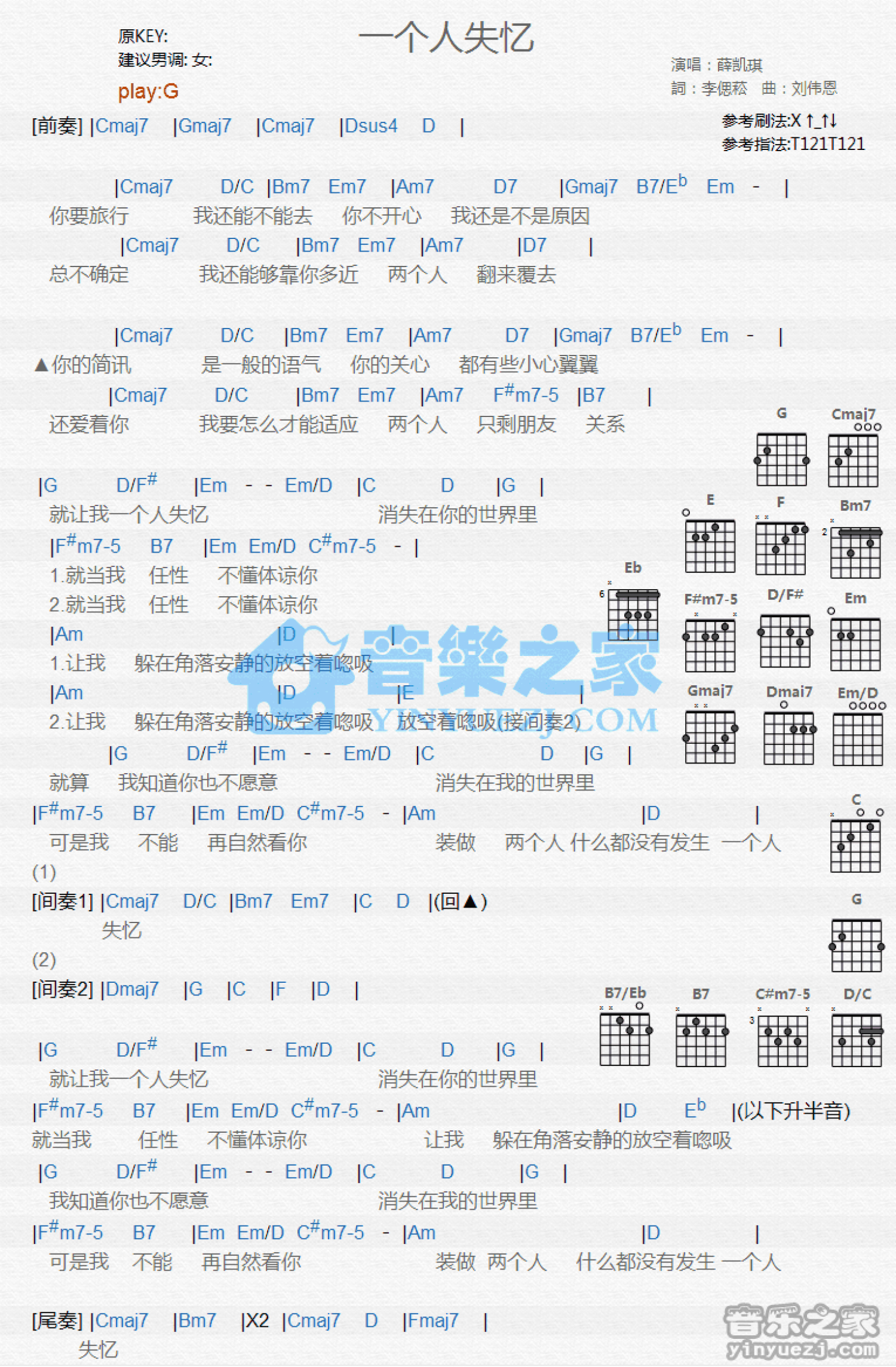 薛凯琪《一个人失忆》吉他谱_G调吉他弹唱谱_和弦谱第1张