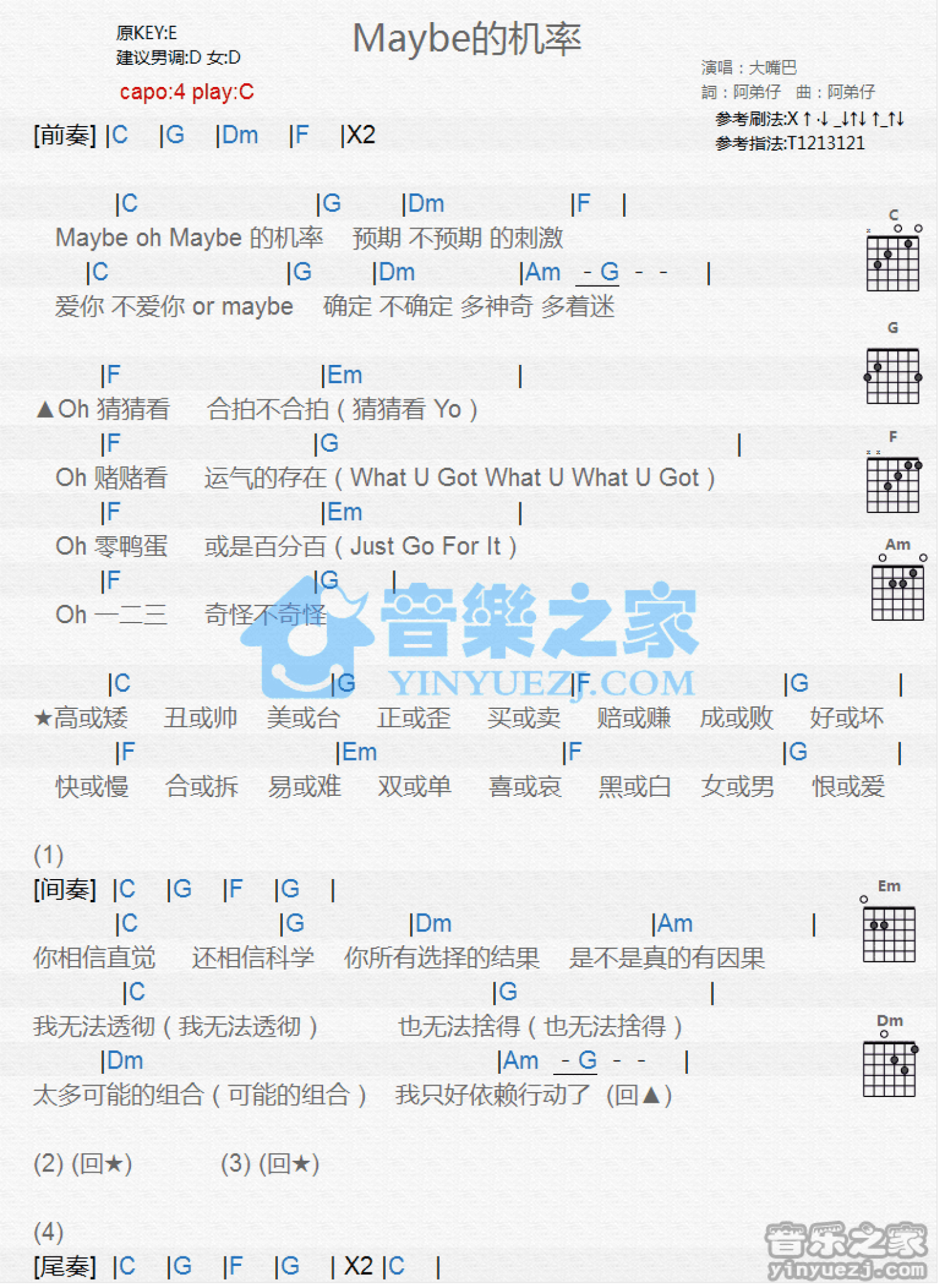 大嘴巴《Maybe的机率》吉他谱_C调吉他弹唱谱_和弦谱第1张