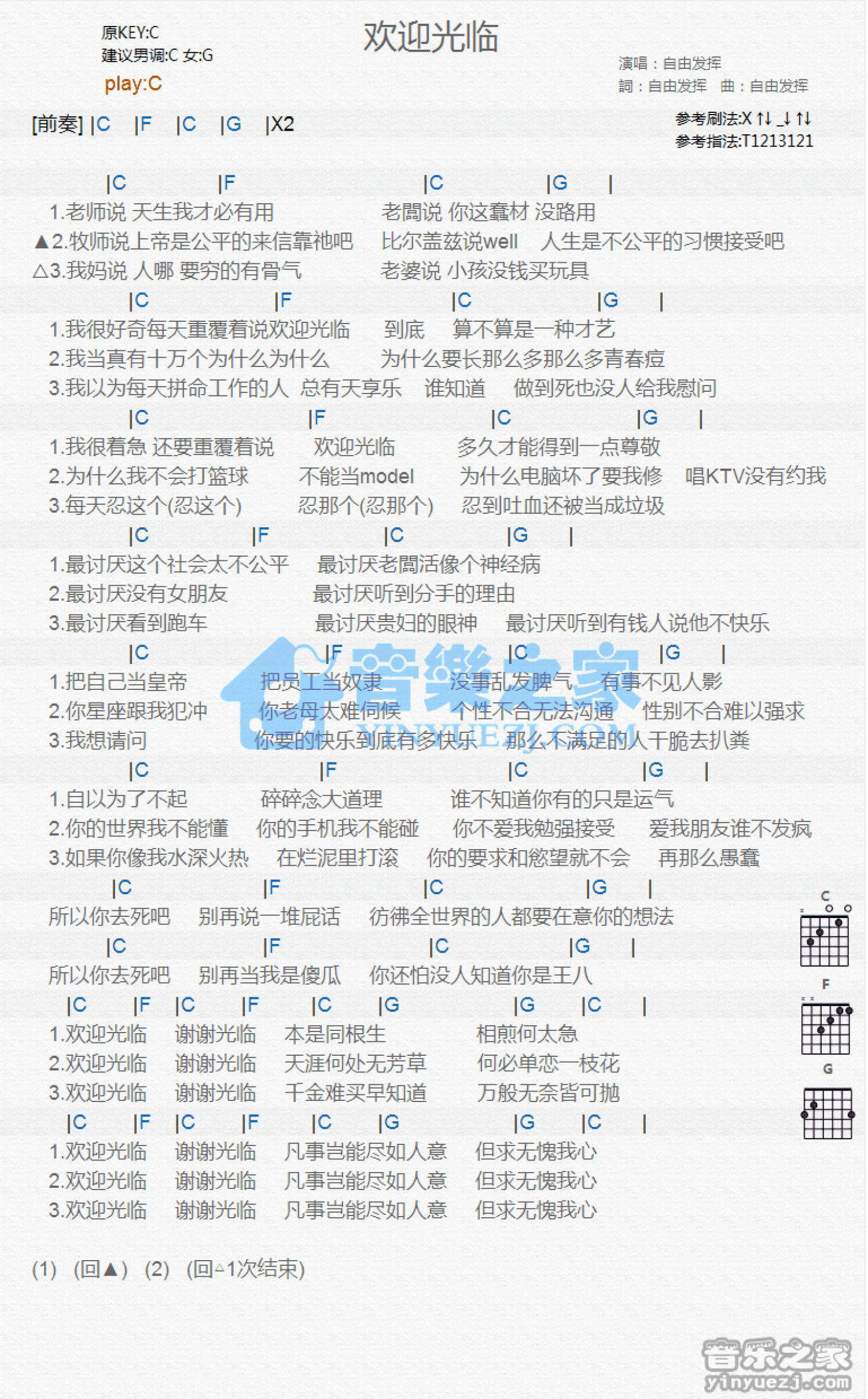 自由发挥《欢迎光临》吉他谱_C调吉他弹唱谱_和弦谱第1张